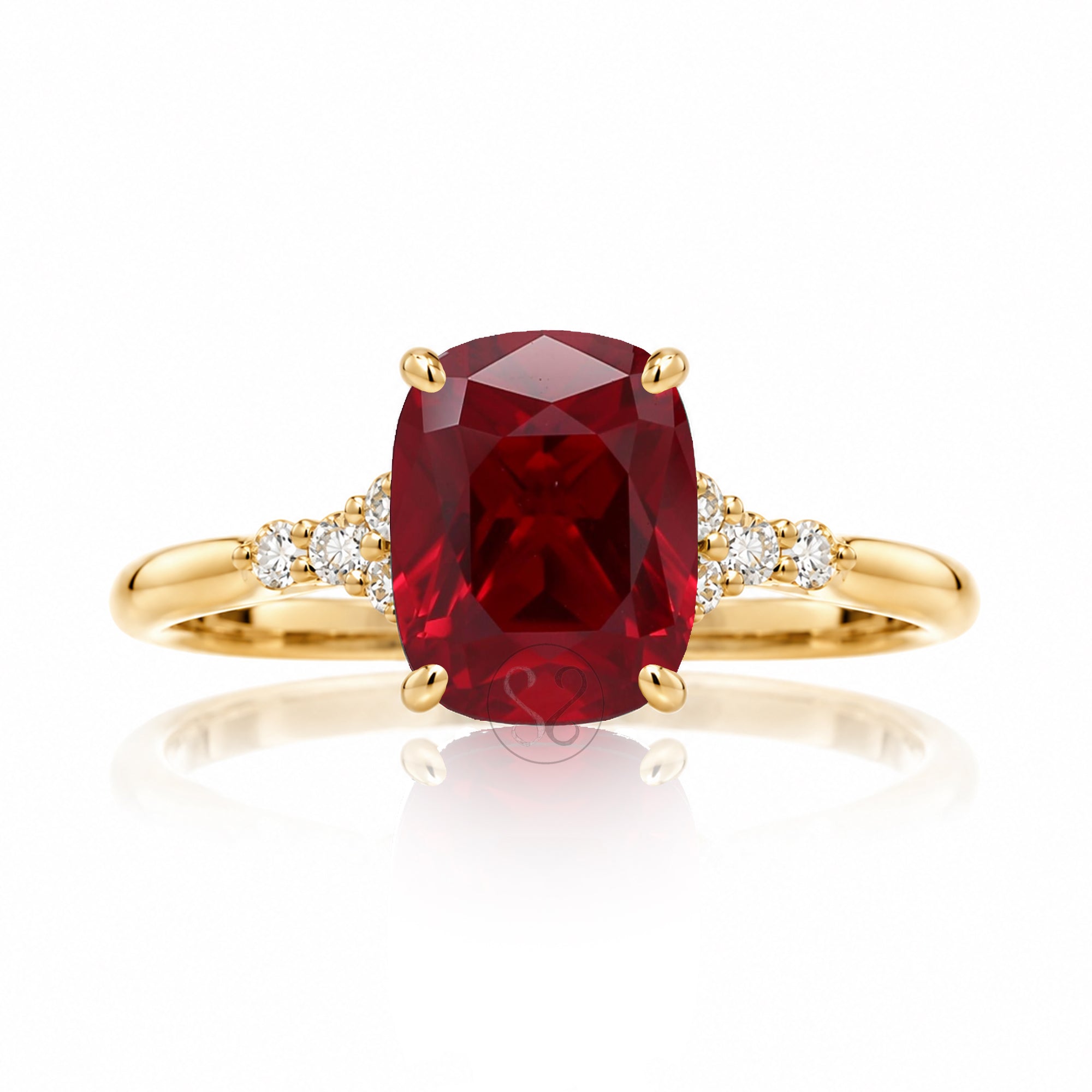 Cushion cut lab-grown ruby and diamond ring yellow gold