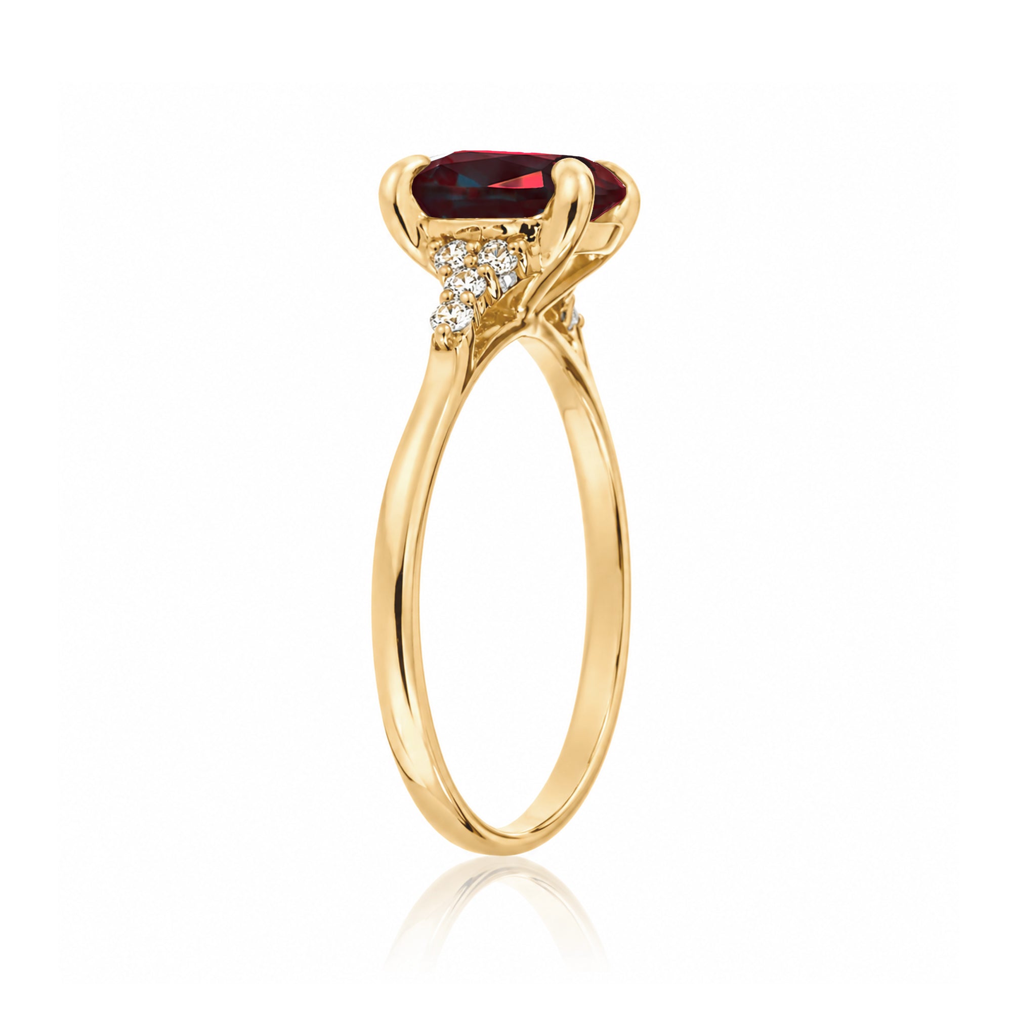 Cushion cut lab-grown ruby and diamond ring yellow gold