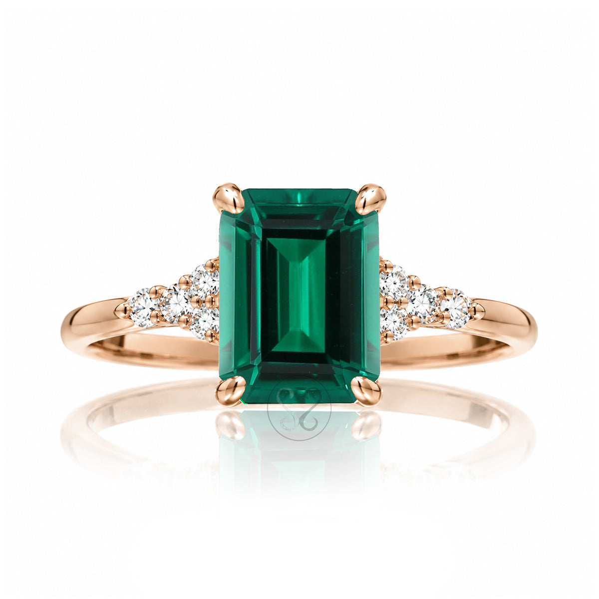 Green emerald engagement three stone ring in rose gold the Chloe