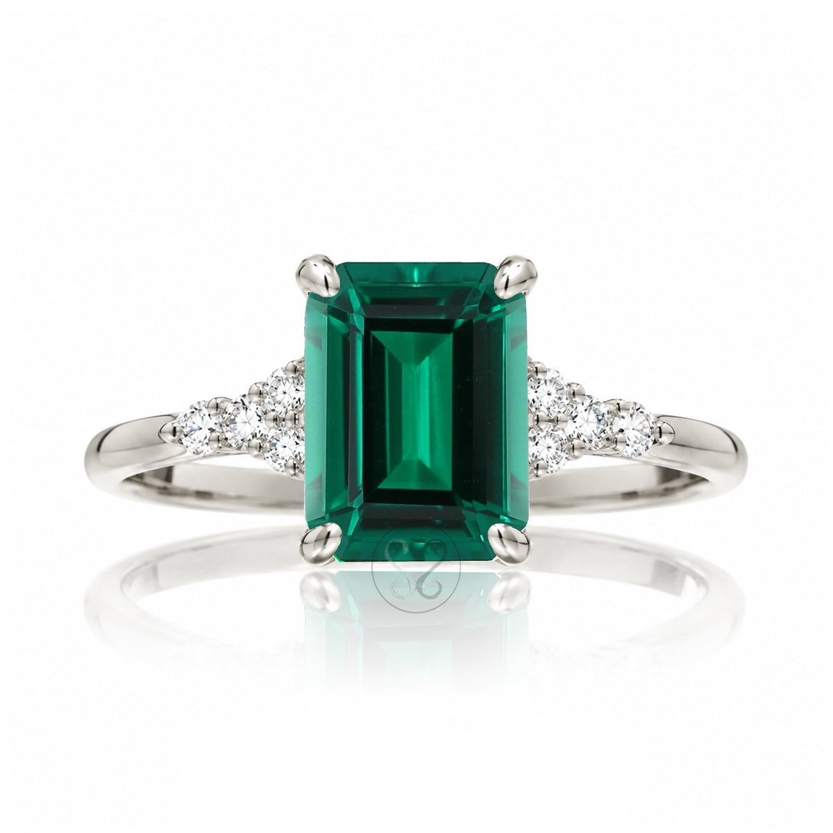 Green emerald engagement three stone ring in white gold the Chloe