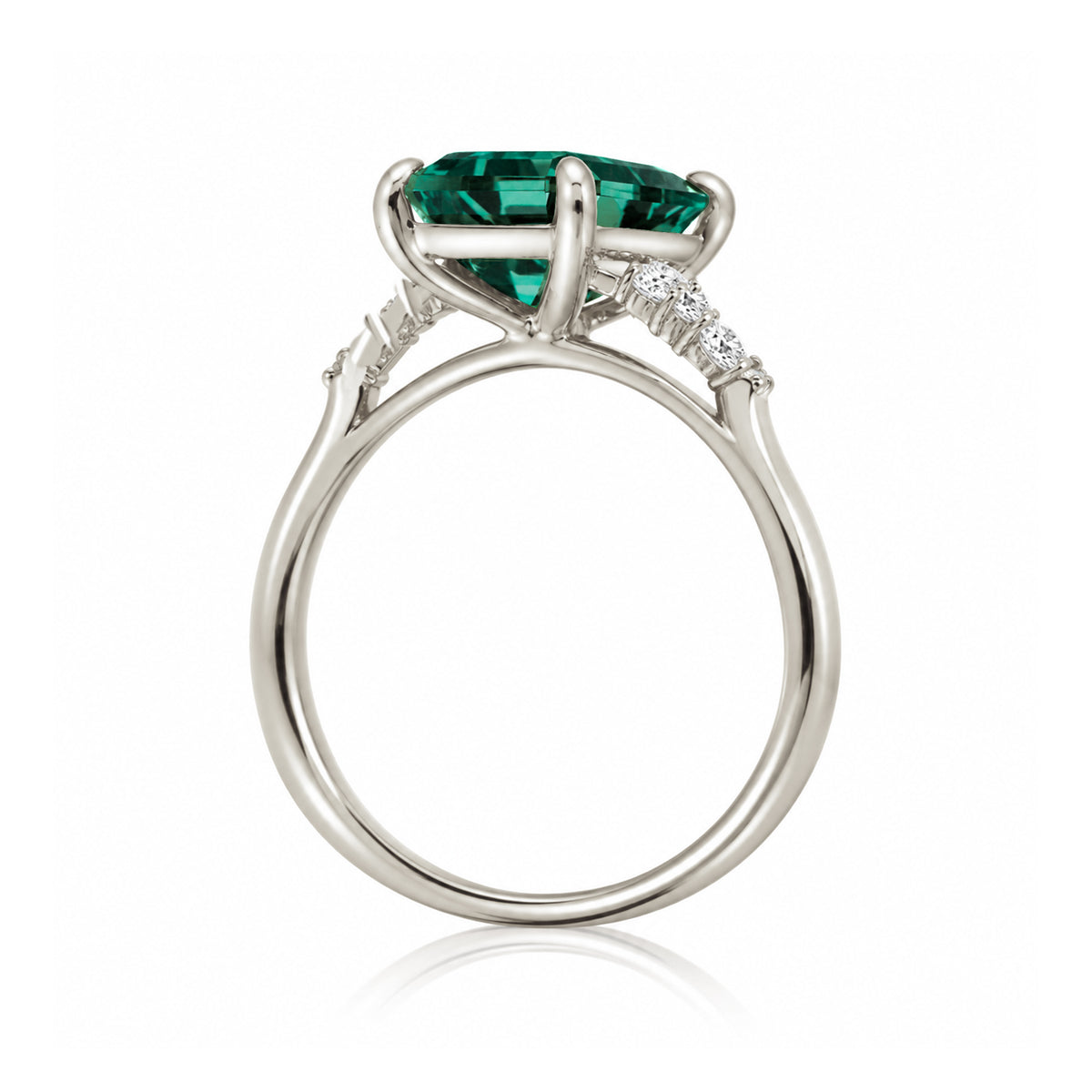 Green emerald engagement three stone ring in white gold the Chloe