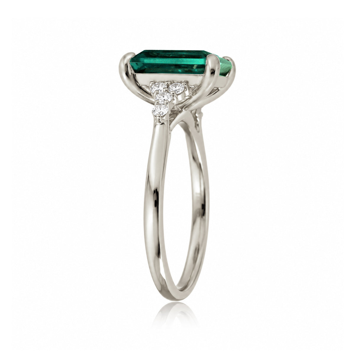 Green emerald engagement three stone ring in white gold the Chloe