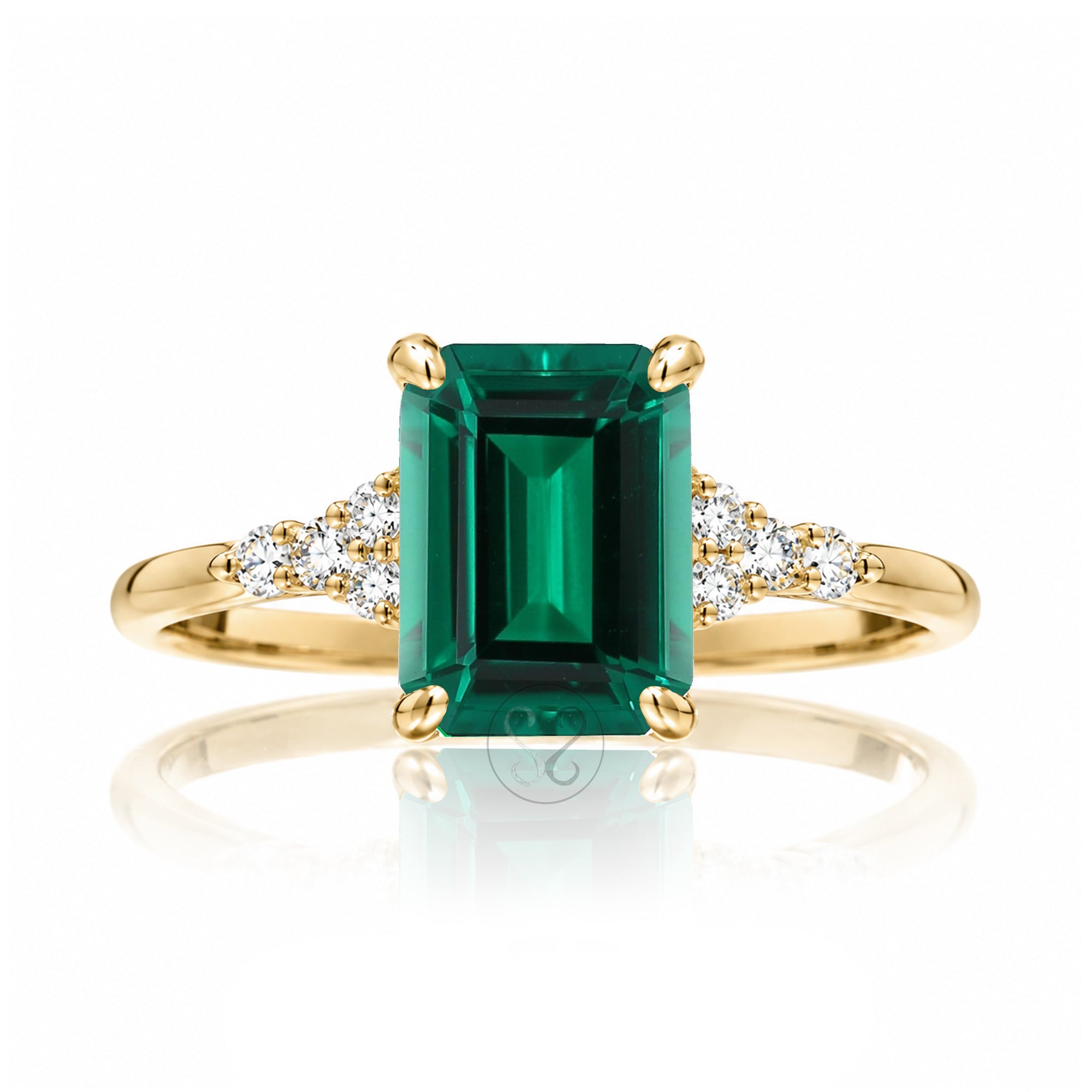 Green emerald engagement three stone ring in yellow gold the Chloe