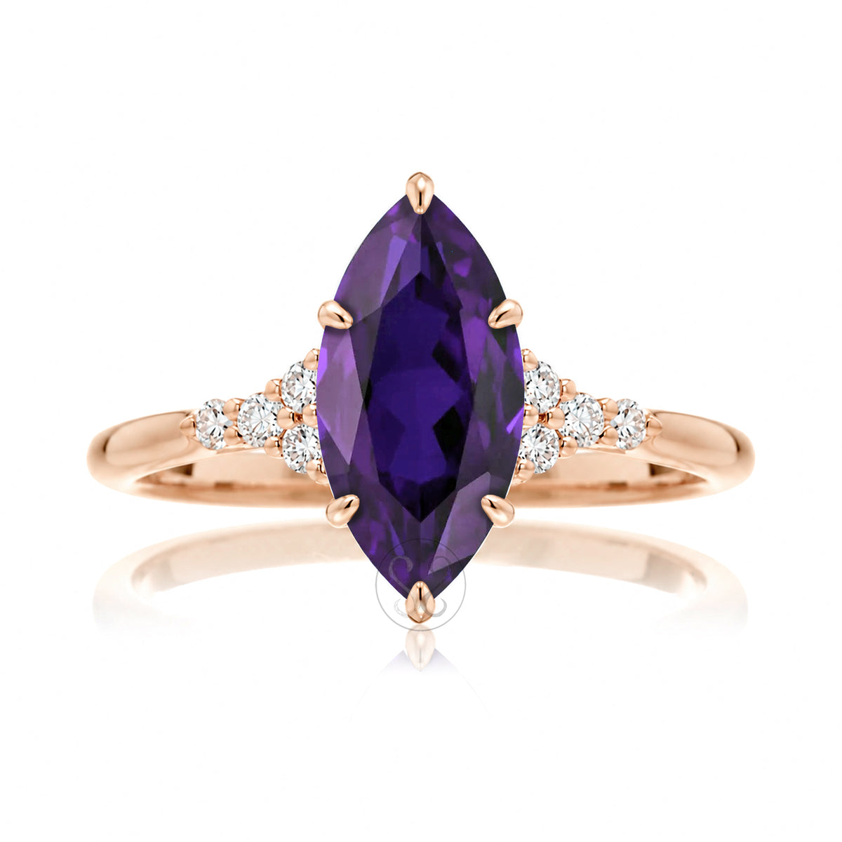 Marquise cut amethyst engagement ring with side diamond rounded band rose gold