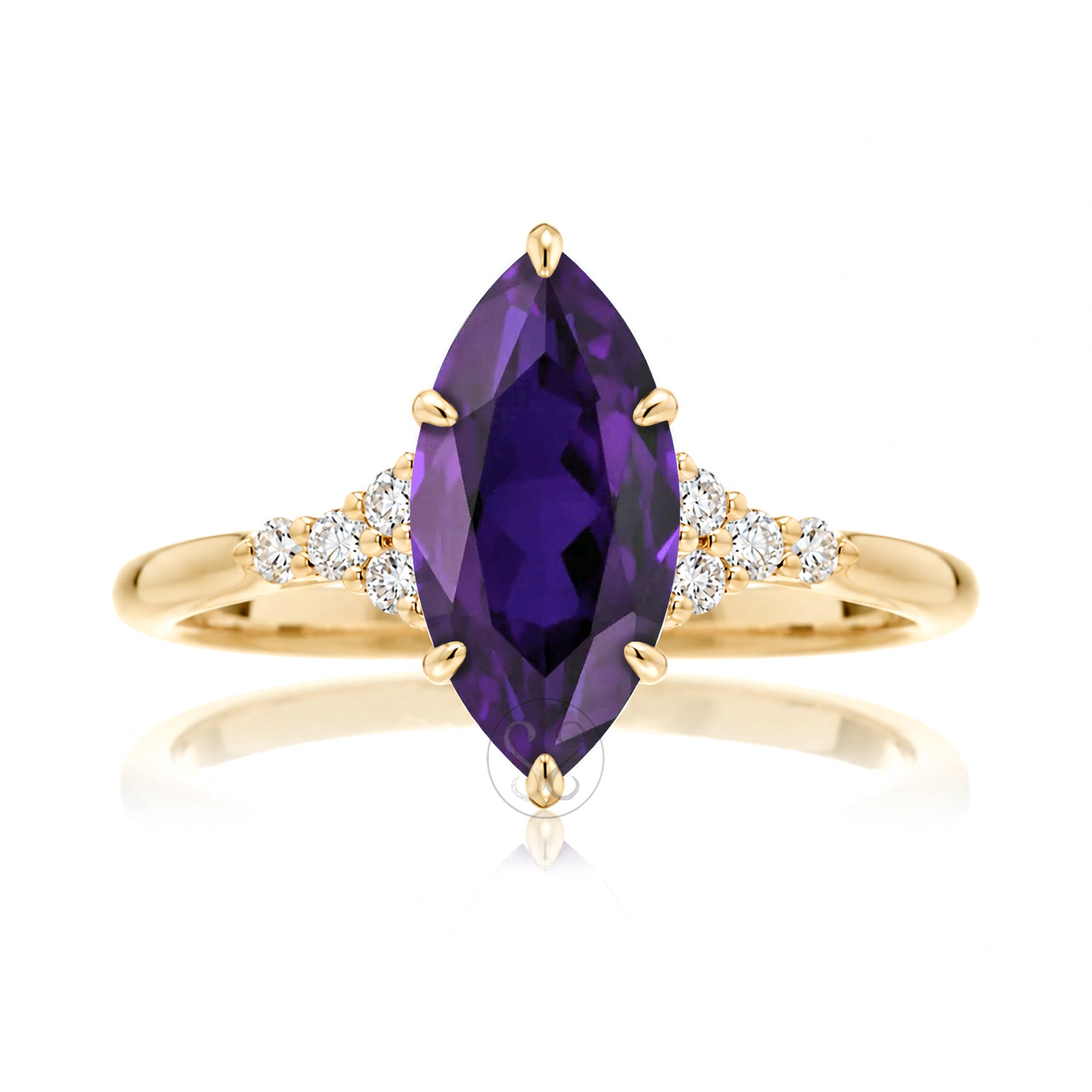 Marquise cut amethyst engagement ring with side diamond rounded band yellow gold
