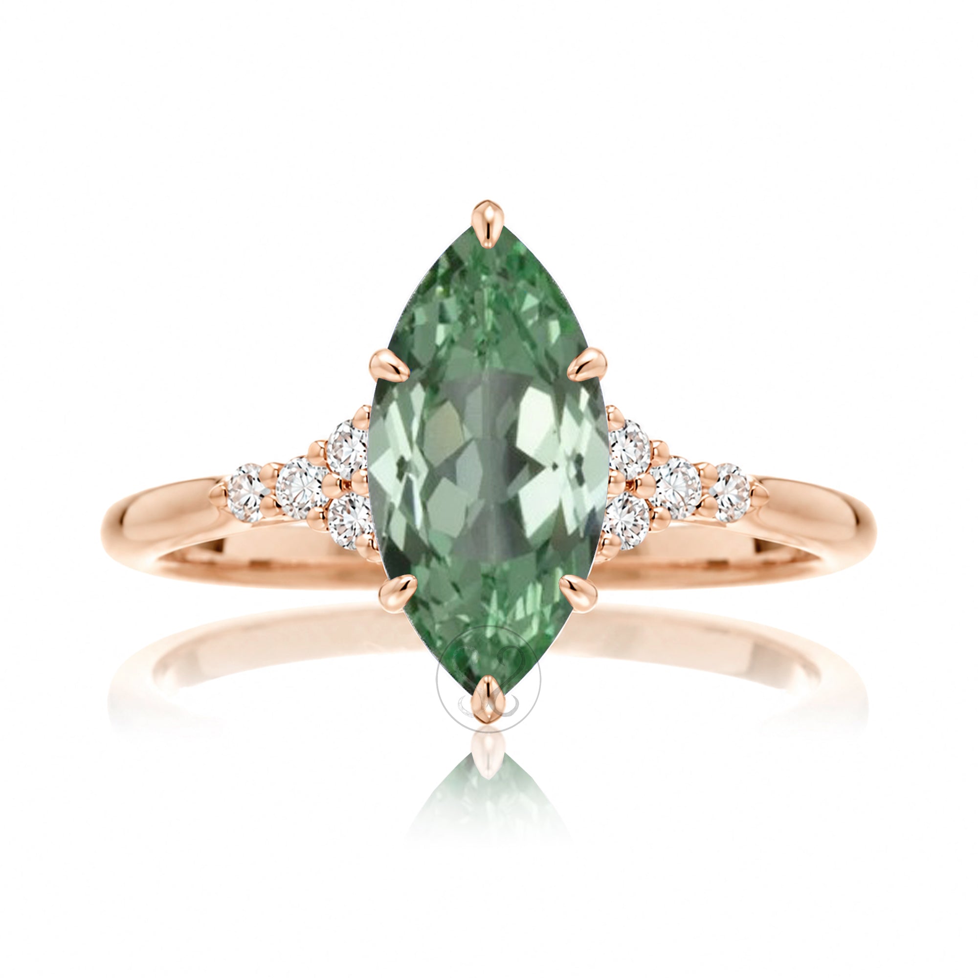 Marquise cut green sapphire diamond engagement ring in rose gold