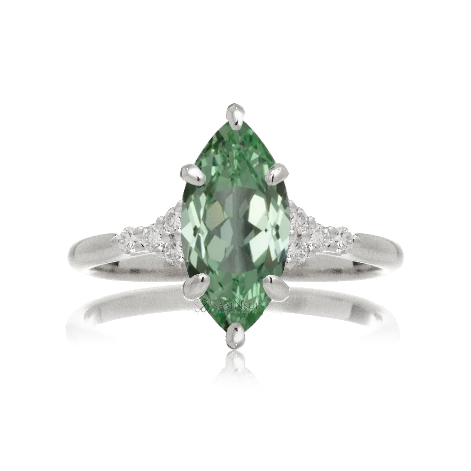 Marquise cut green sapphire diamond engagement ring in white gold