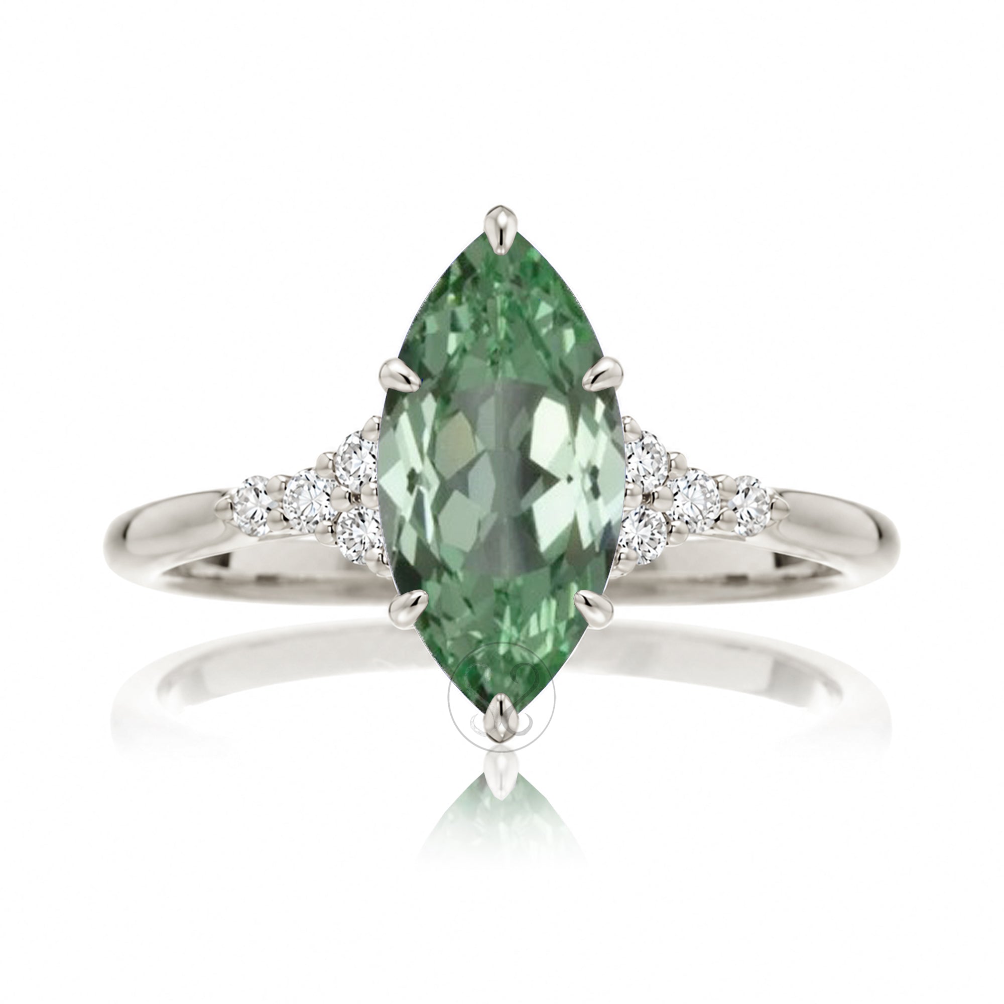 Marquise cut green sapphire diamond engagement ring in white gold