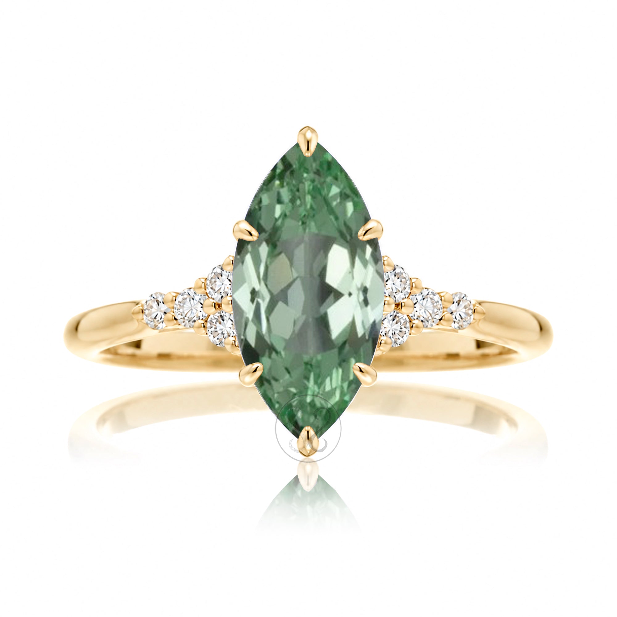 Marquise cut green sapphire diamond engagement ring in yellow gold