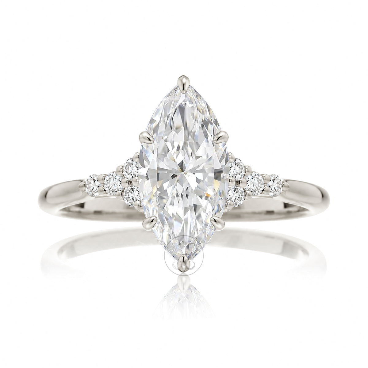 Marquise engagement ring with side stones and a thin comfort fit band in white gold - the Chloe