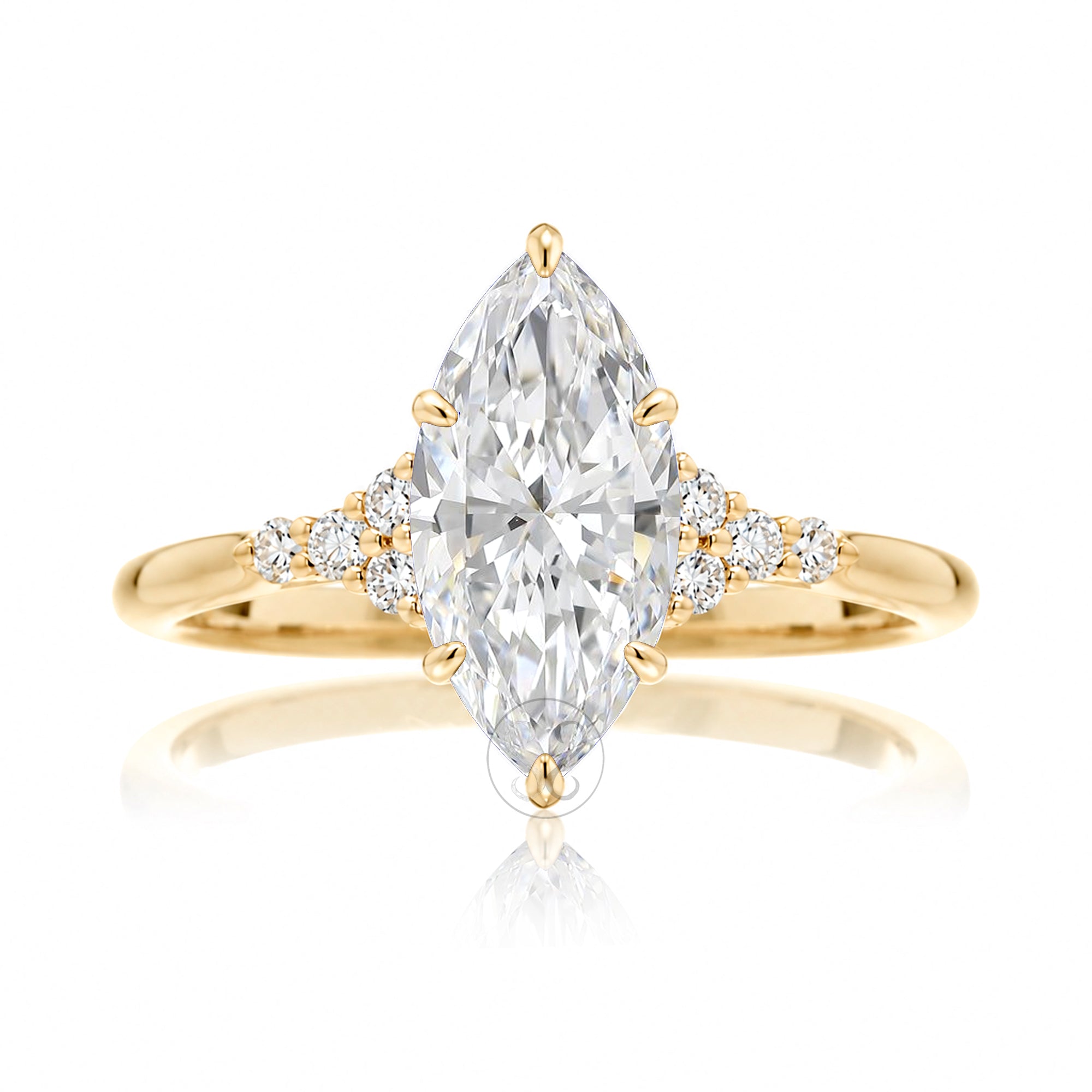 Marquise engagement ring with side stones and a thin comfort fit band in yellow gold - the Chloe