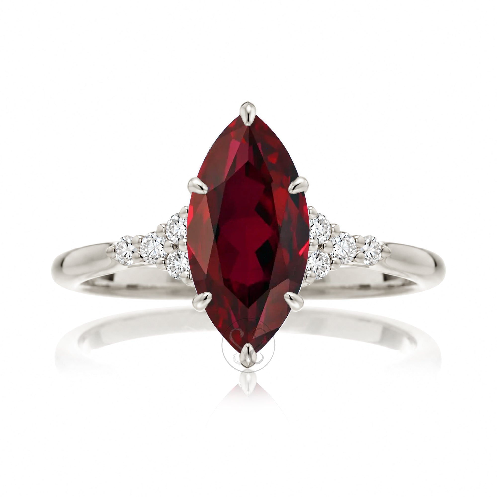 Marquise ruby and diamond three stone ring in white gold - the Chloe Ring
