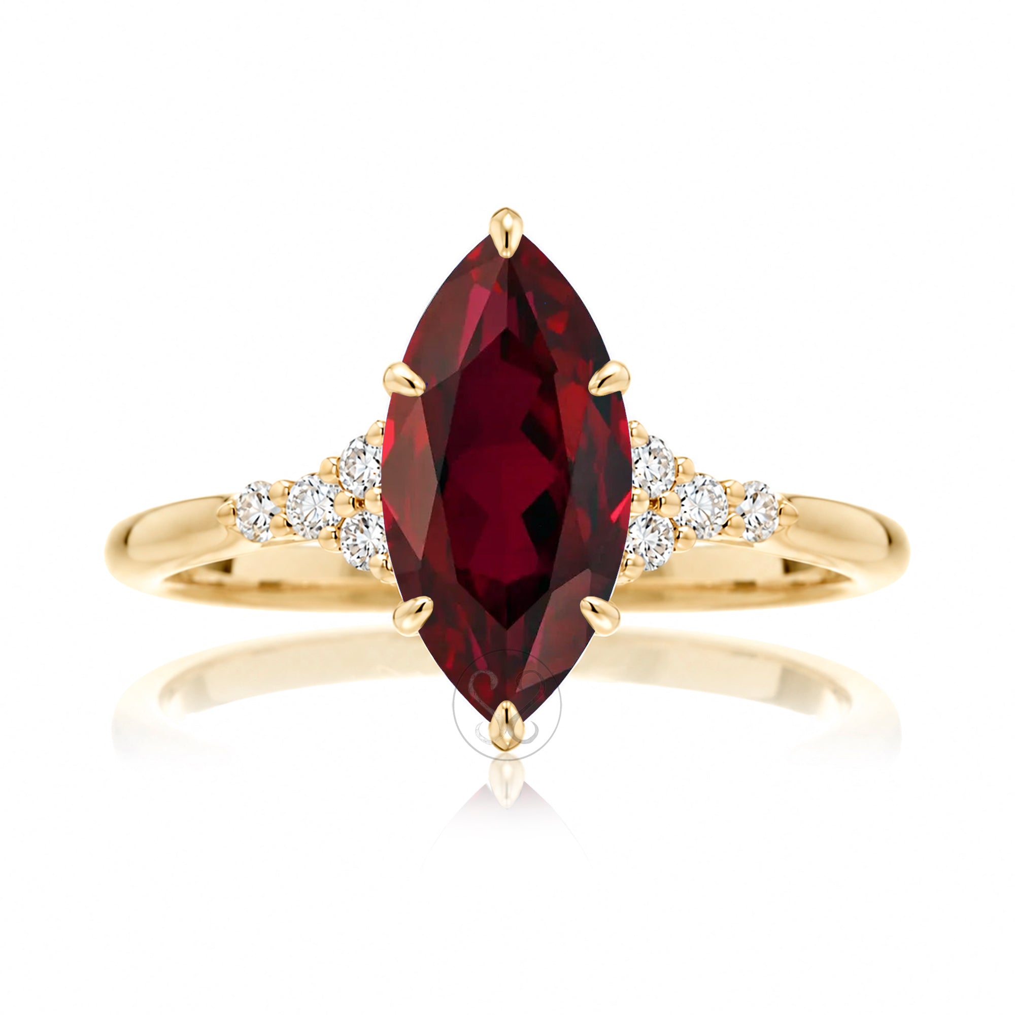 Marquise ruby and diamond three stone ring in yellow gold - the Chloe Ring