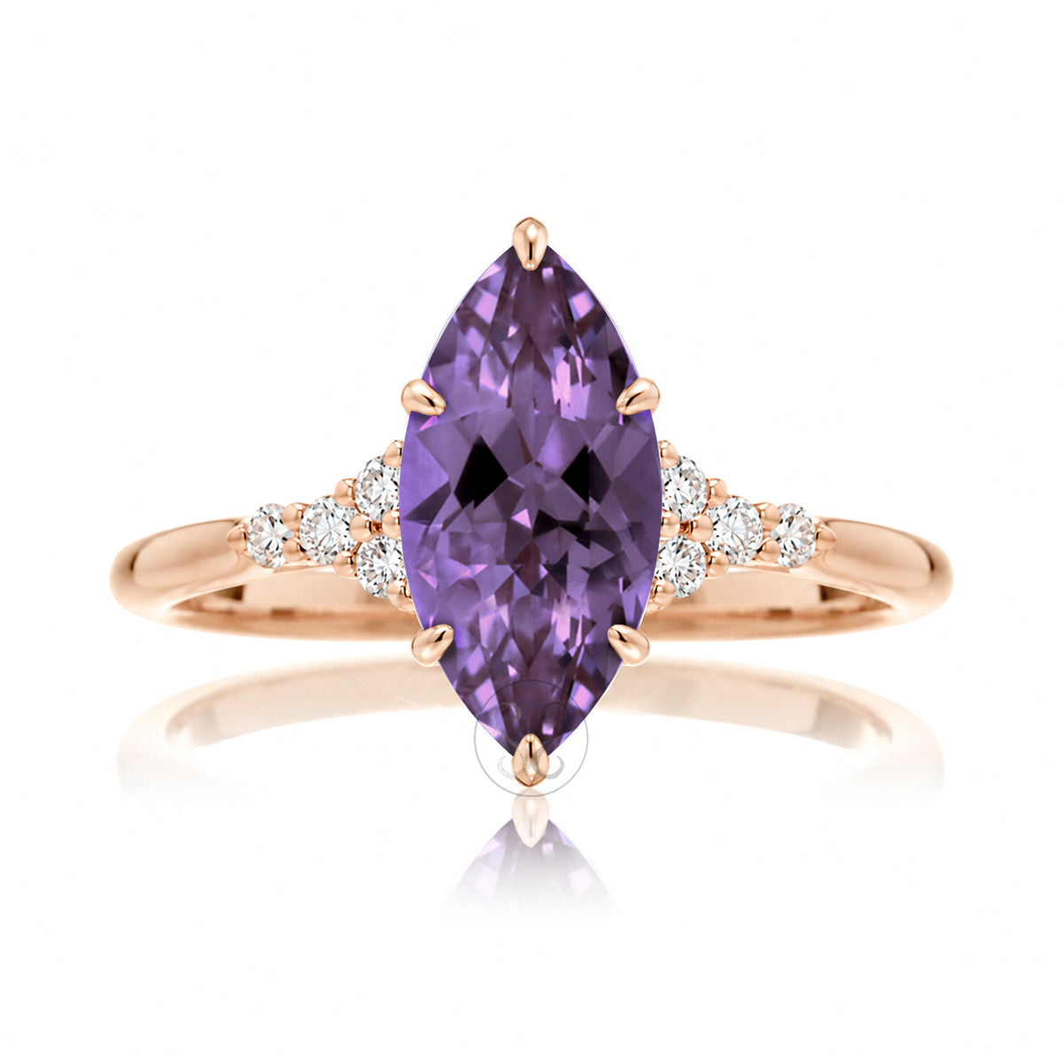 Marquise cut purple sapphire engagement ring with side diamond rounded band rose gold