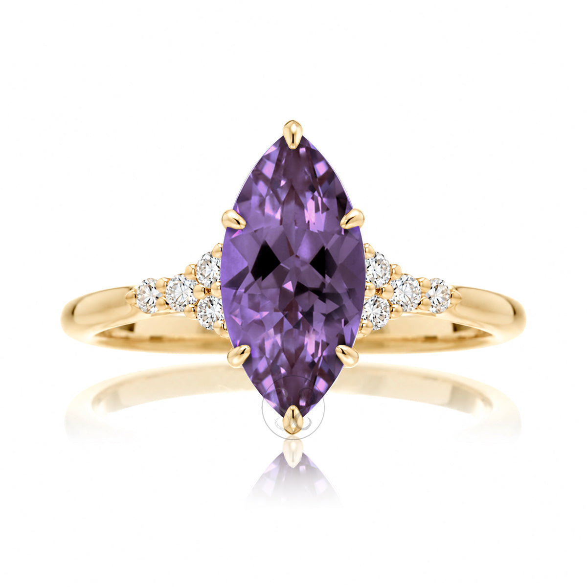 Marquise cut purple sapphire engagement ring with side diamond rounded band yellow gold