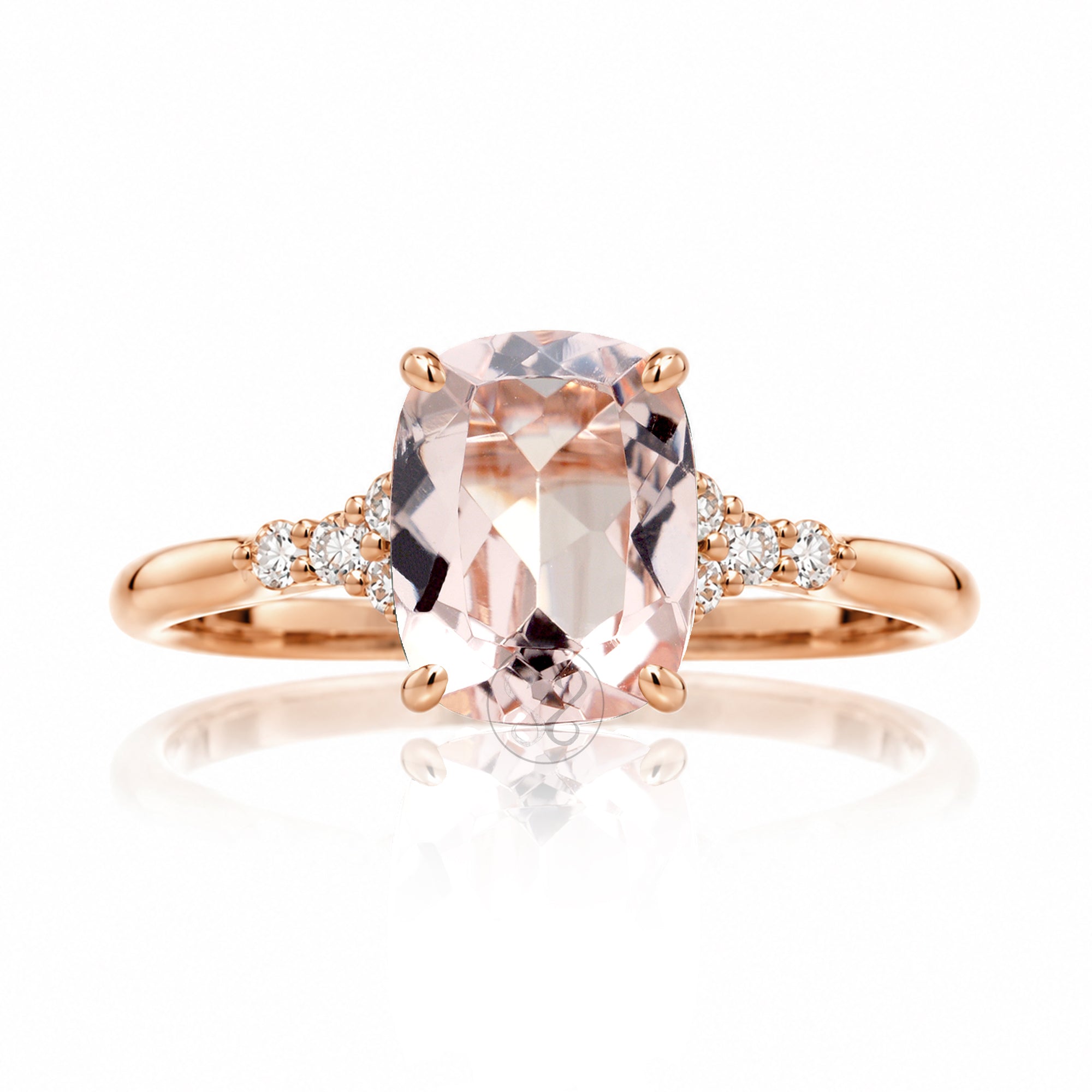 Cushion morganite ring with solid band and diamond accent in rose gold