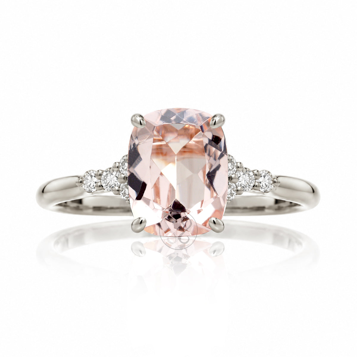 Cushion morganite ring with solid band and diamond accent in white gold