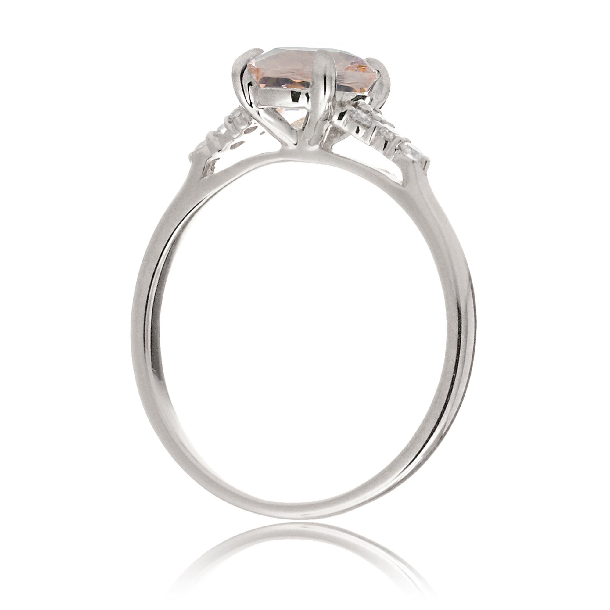 Cushion morganite ring with solid band and diamond accent in white gold
