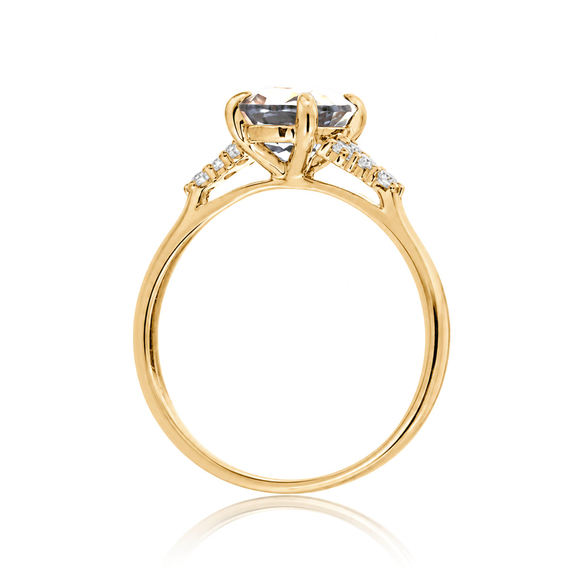 Cushion morganite ring with solid band and diamond accent in yellow gold