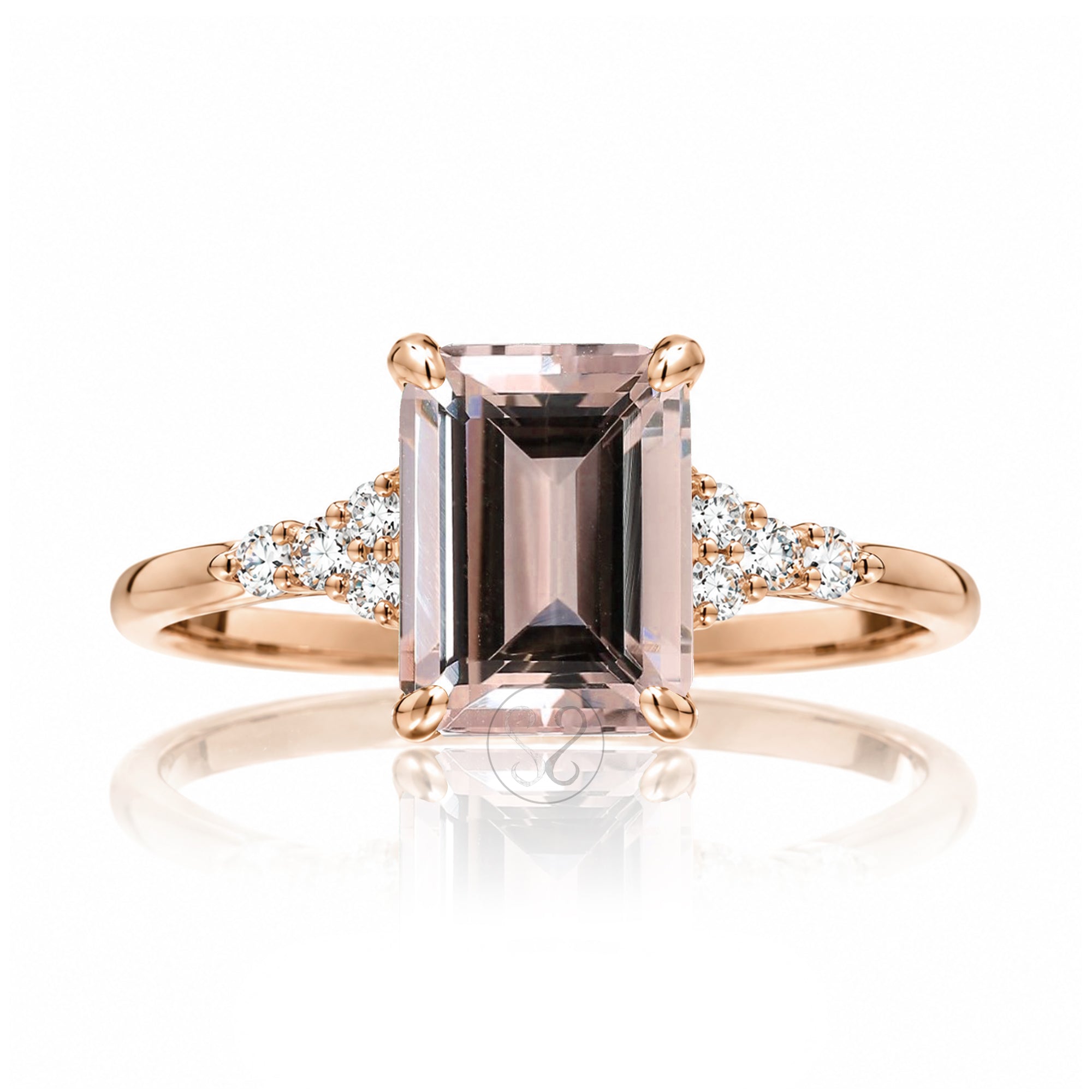 Emerald cut morganite with diamond engagement ring rose gold