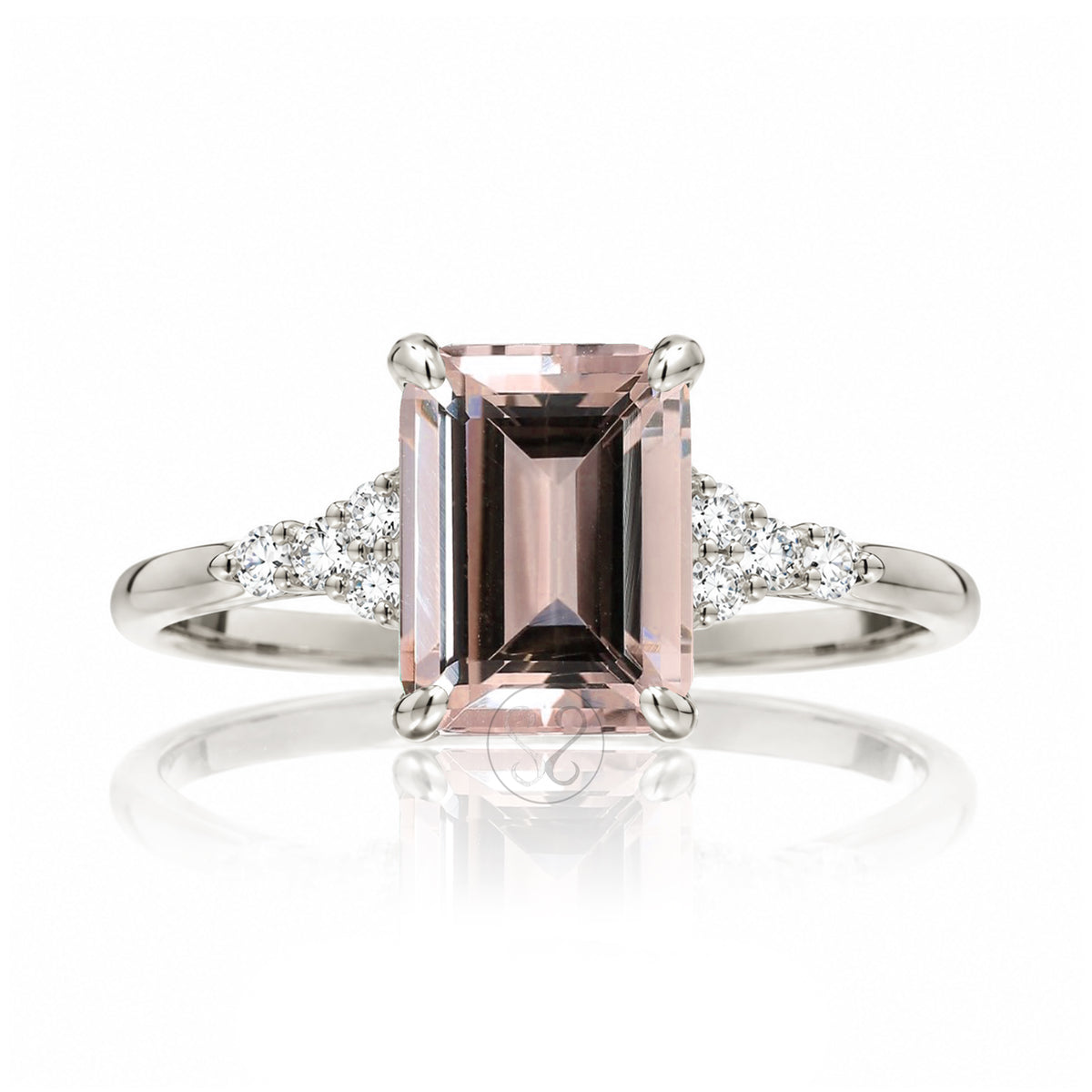 Emerald cut morganite with diamond engagement ring white gold
