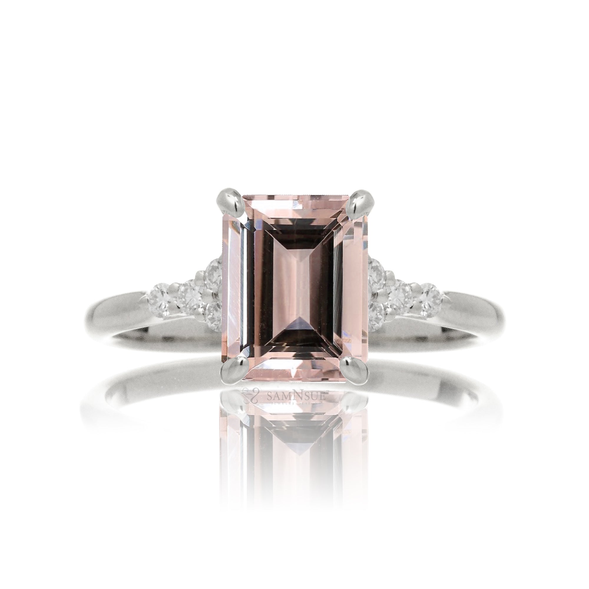 Emerald cut morganite with diamond engagement ring white gold
