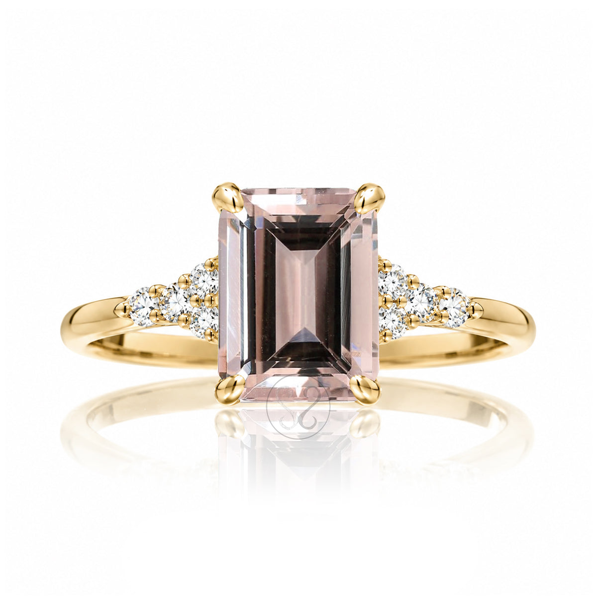 Emerald cut morganite with diamond engagement ring yellow gold