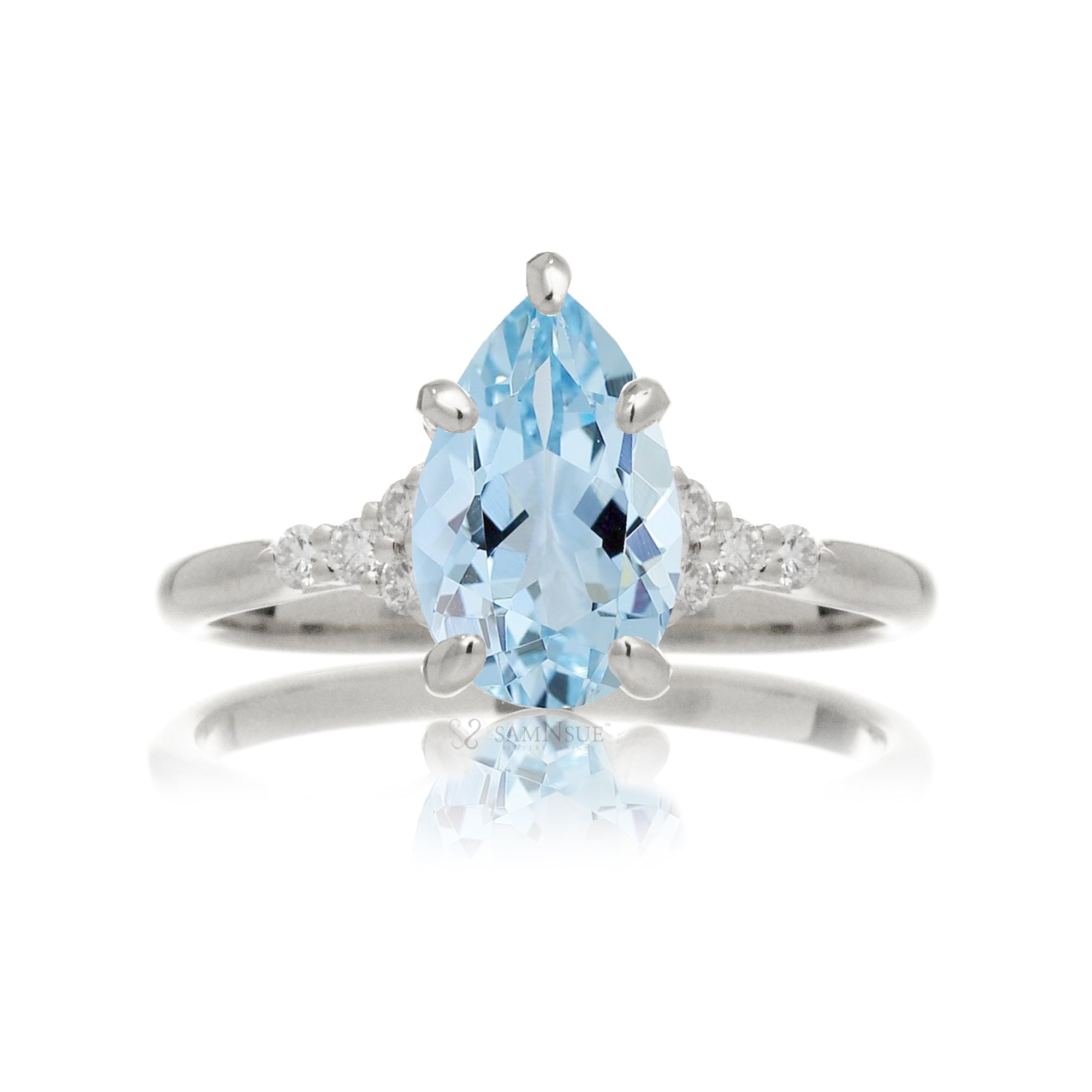 Pear cut natural aquamarine and diamond engagement ring in white gold - the Chloe