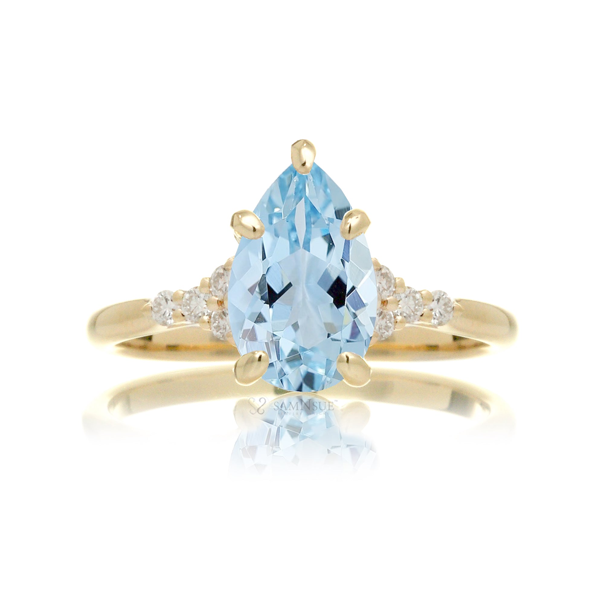 Pear cut natural aquamarine and diamond engagement ring in yellow gold - the Chloe