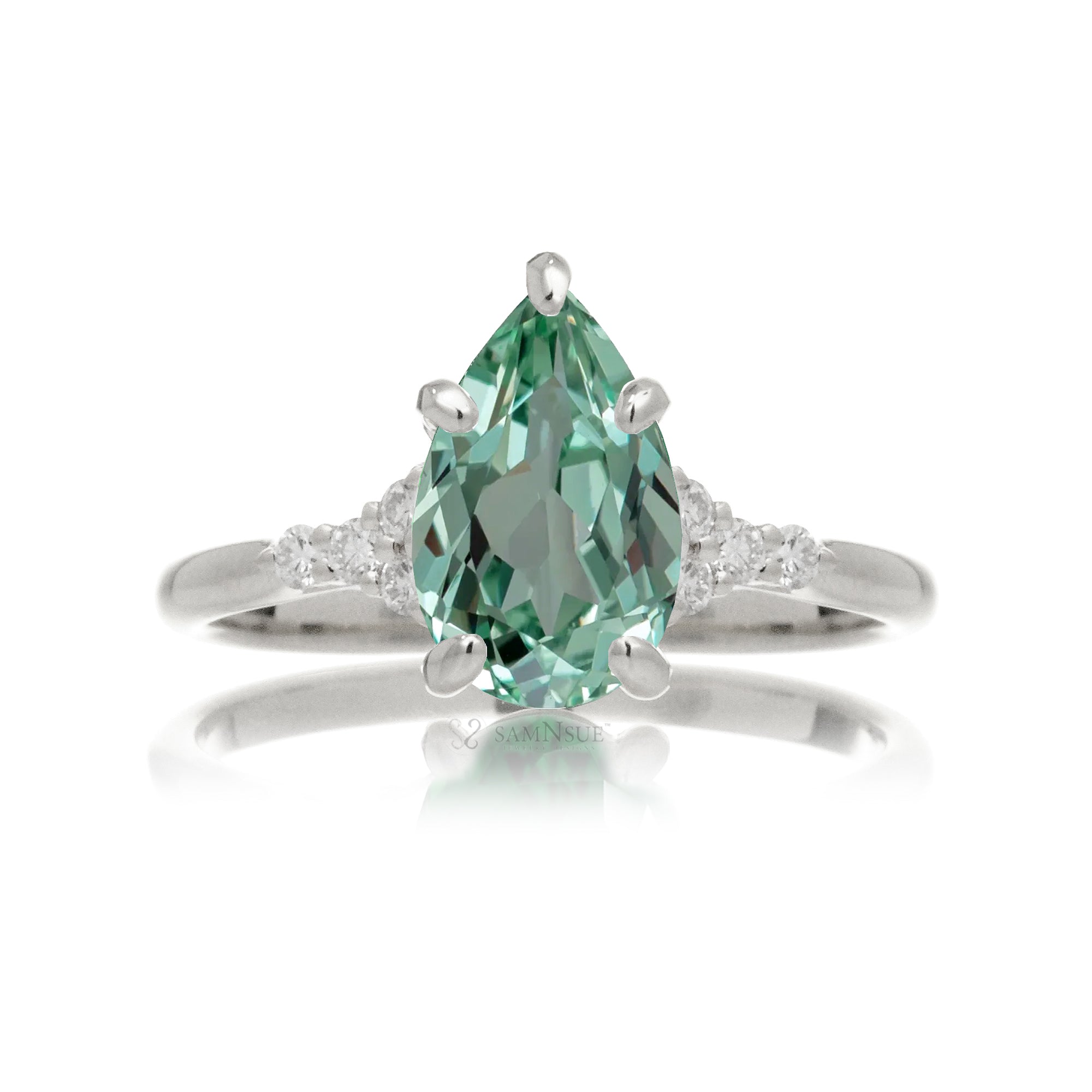Pear cut green sapphire and diamond engagement ring in white gold - the Chloe lab-grown