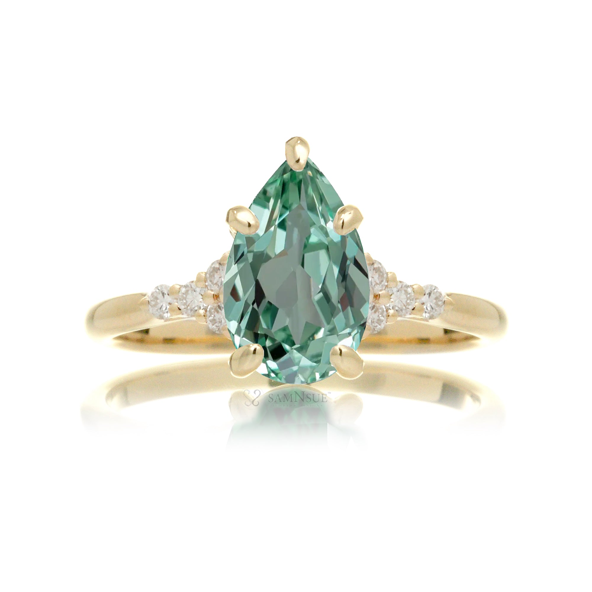 Pear cut green sapphire and diamond engagement ring in yellow gold - the Chloe lab-grown