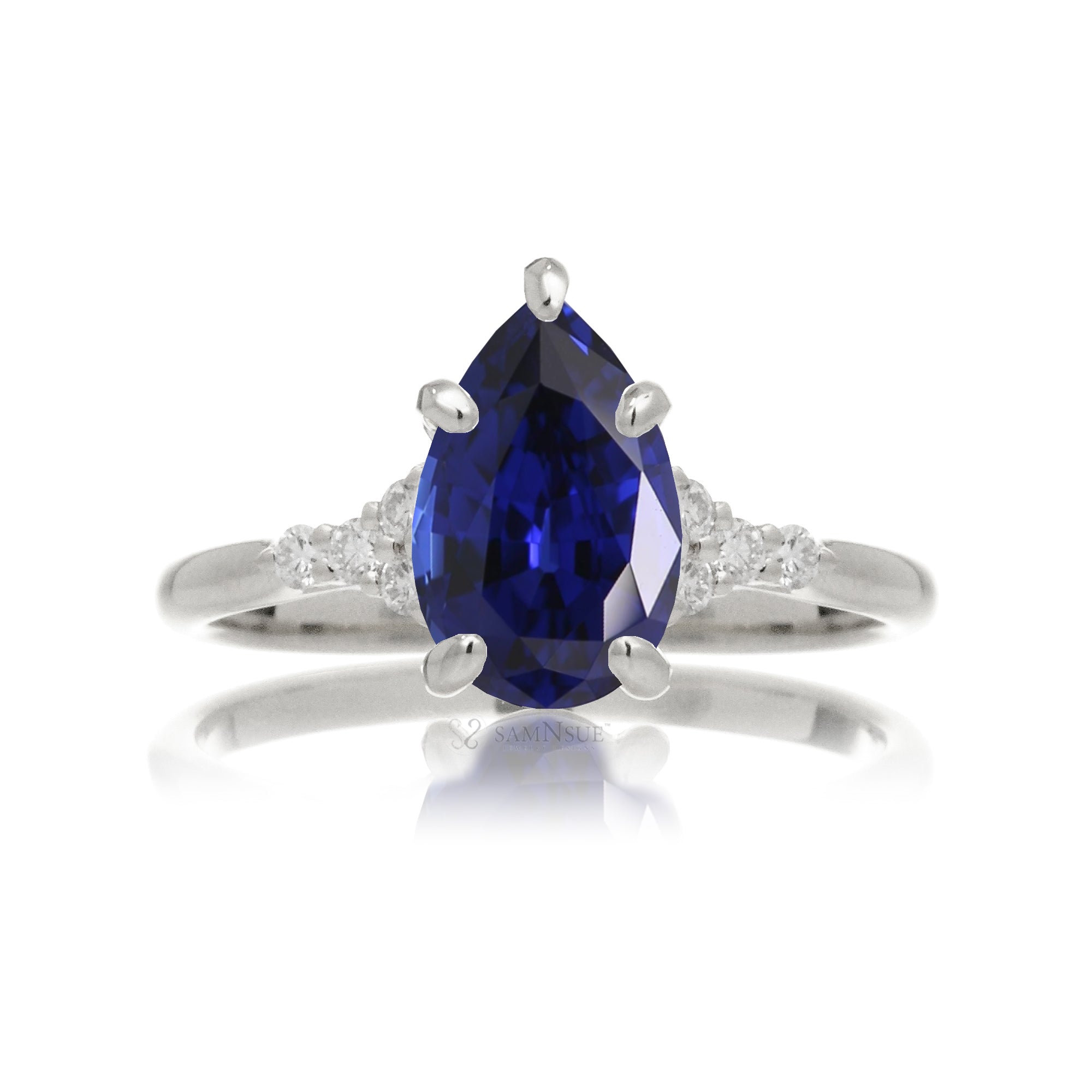 Pear shape blue sapphire diamond ring in white gold - the Chloe lab-grown