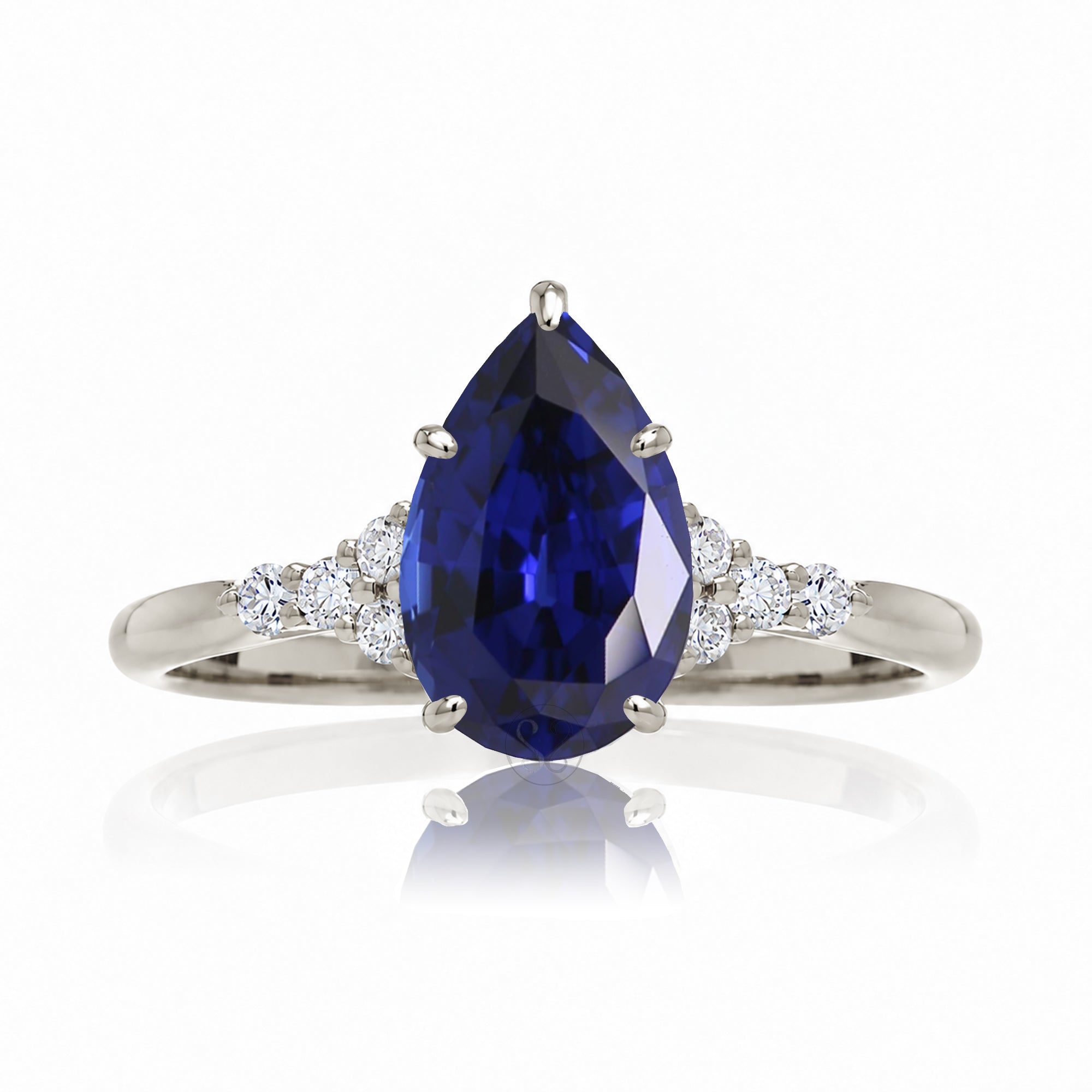 Pear shape blue sapphire diamond ring in white gold - the Chloe lab-grown