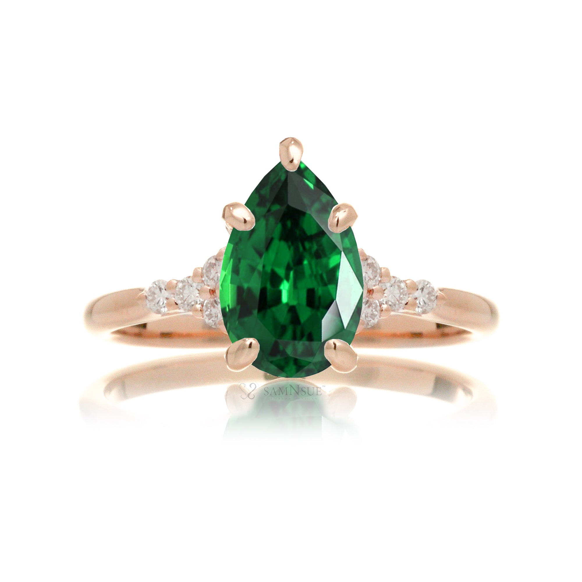 Pear cut emerald and diamond engagement ring in rose gold - the Chloe lab-grown