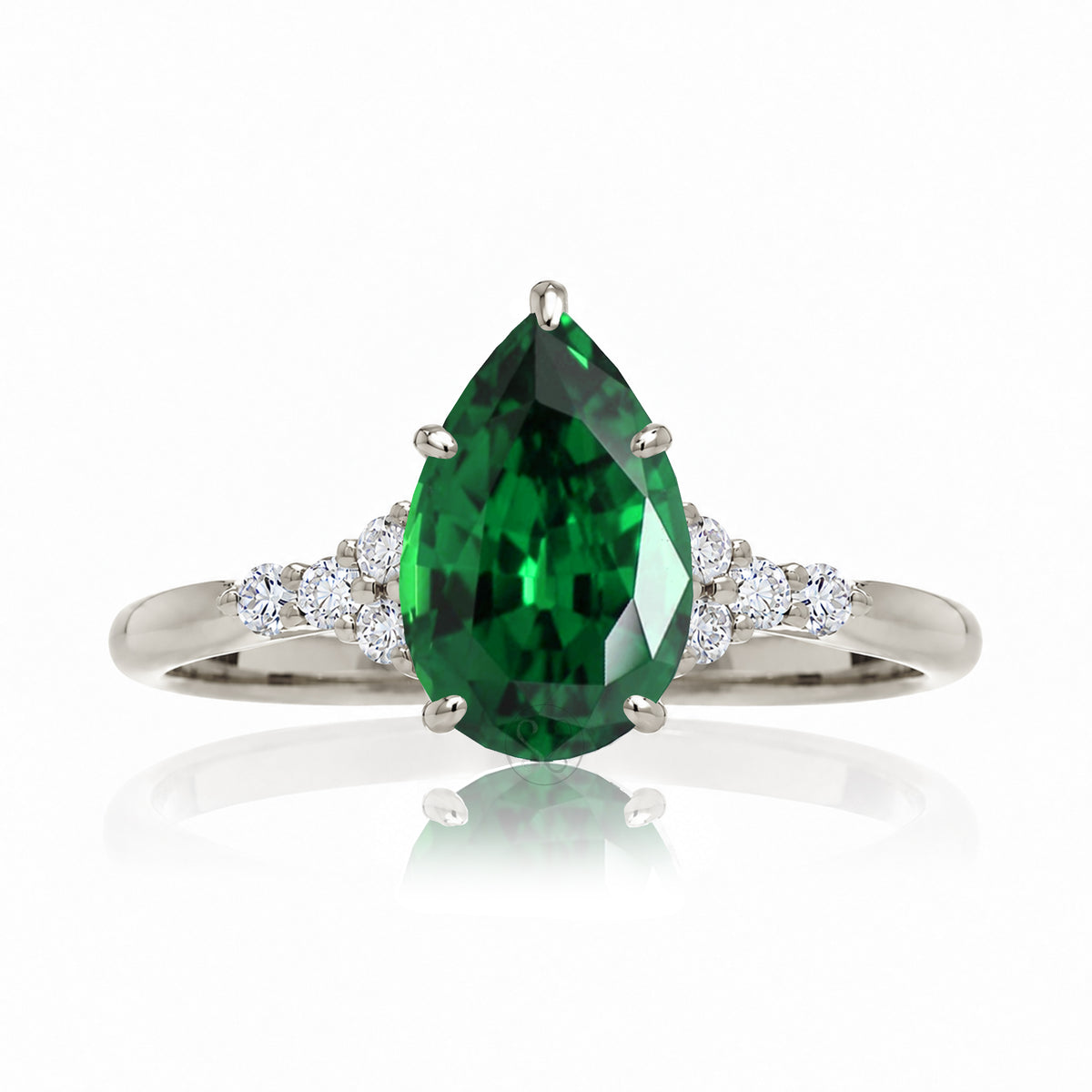 Pear cut emerald and diamond engagement ring in white gold - the Chloe lab-grown