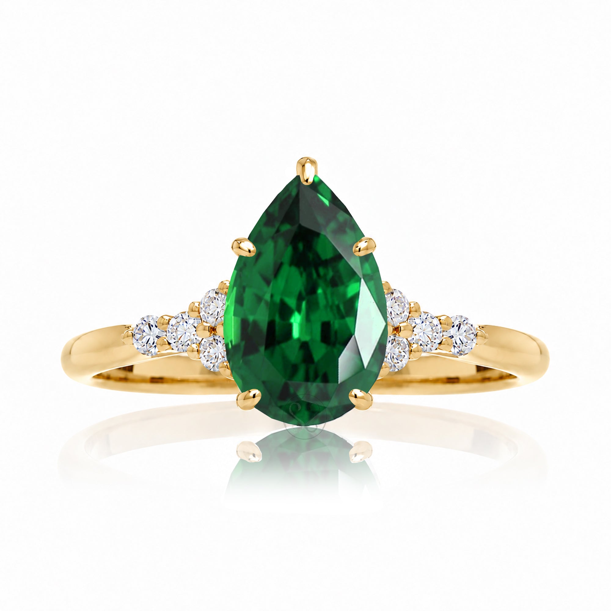 Pear cut emerald and diamond engagement ring in yellow gold - the Chloe lab-grown