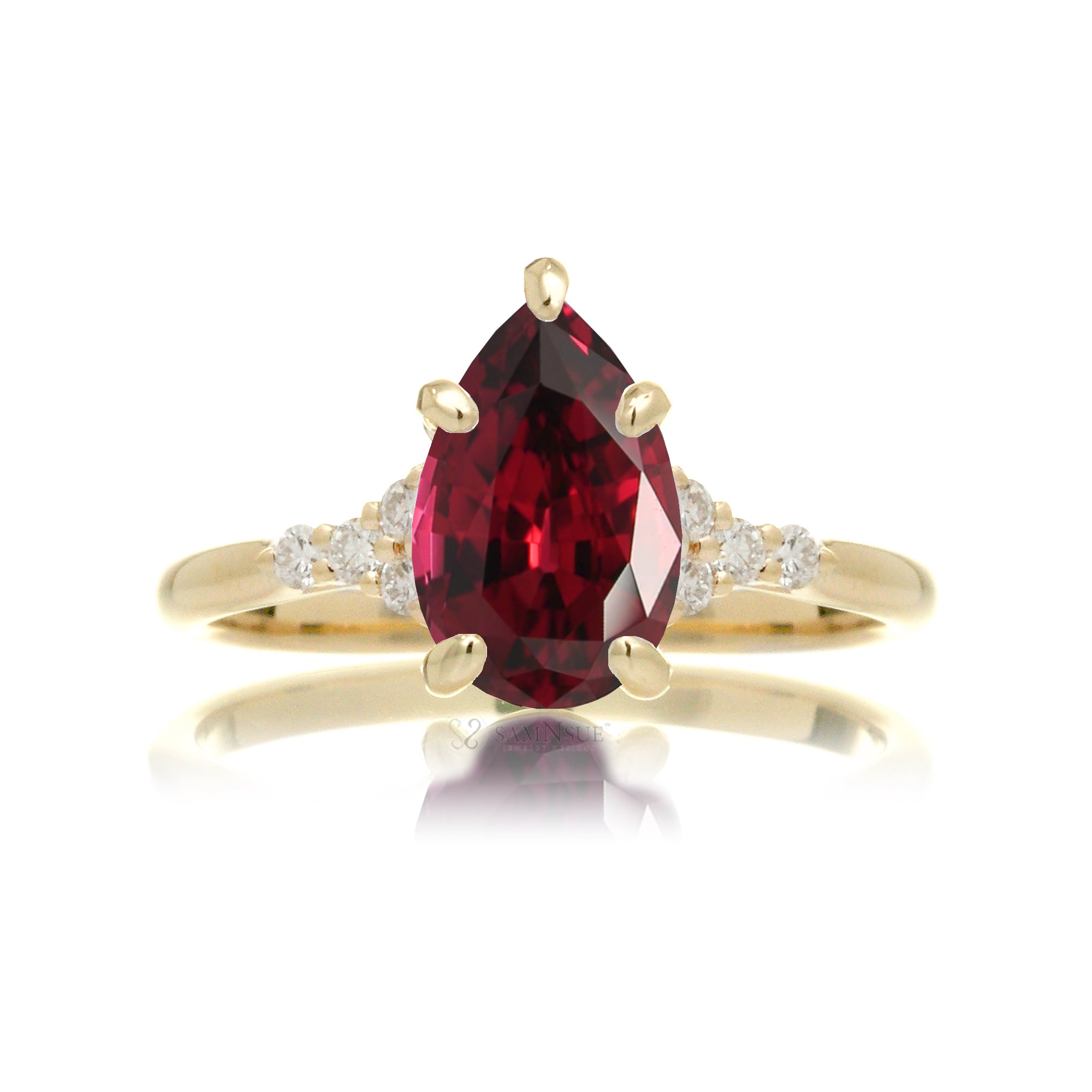 Pear cut ruby and diamond engagement ring in yellow gold - the Chloe lab-grown
