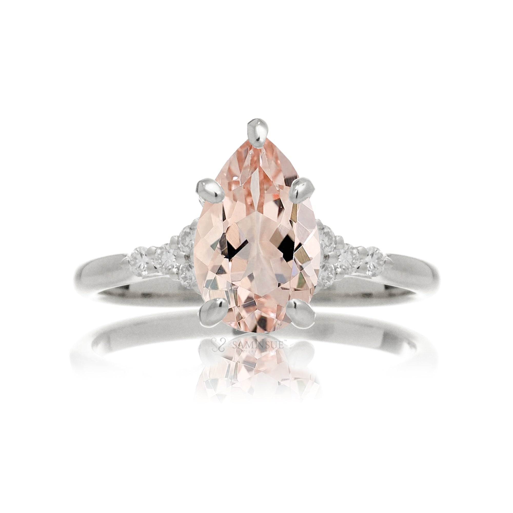 Pear cut natural morganite and diamond engagement ring in white gold - the Chloe