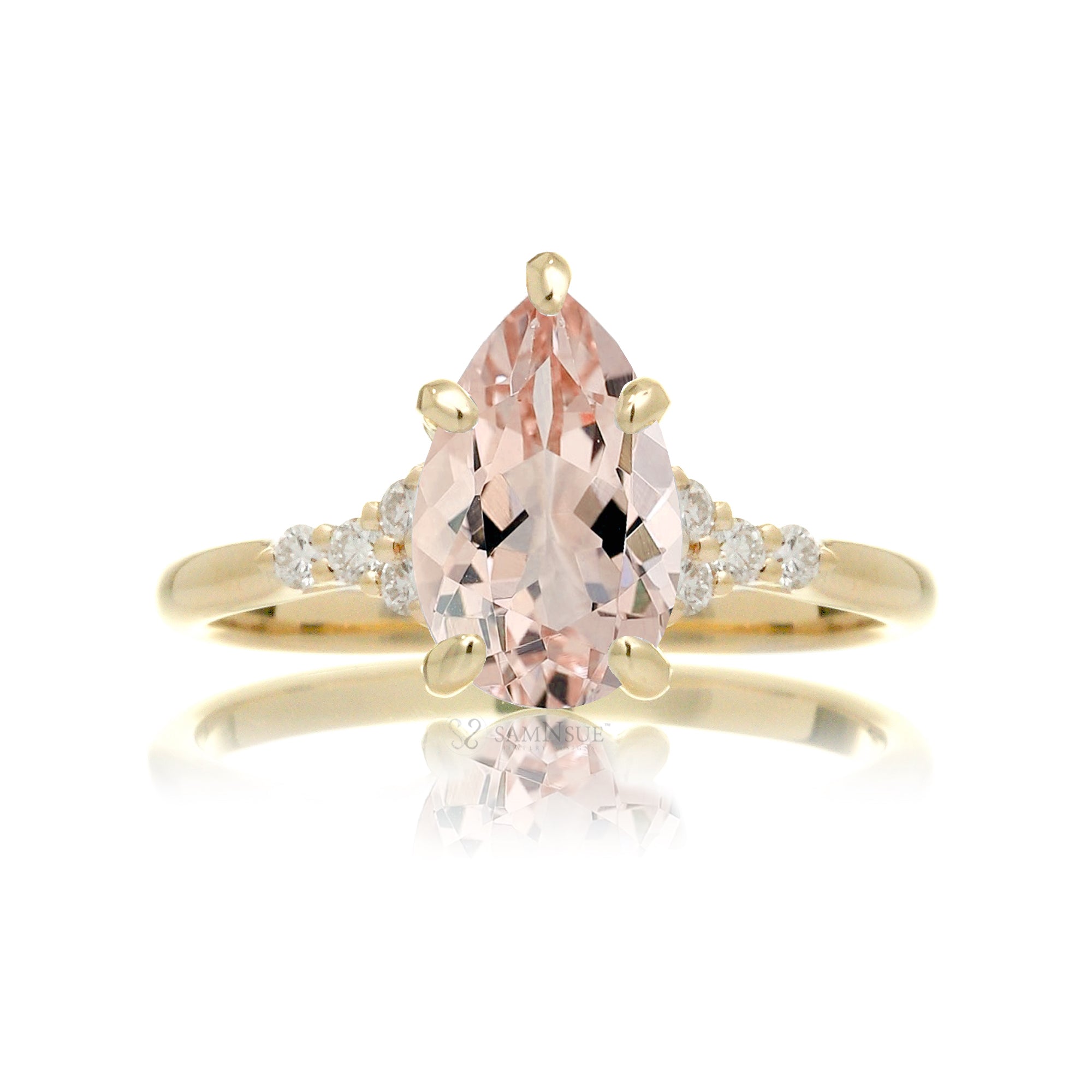 Pear cut natural morganite and diamond engagement ring in yellow gold - the Chloe