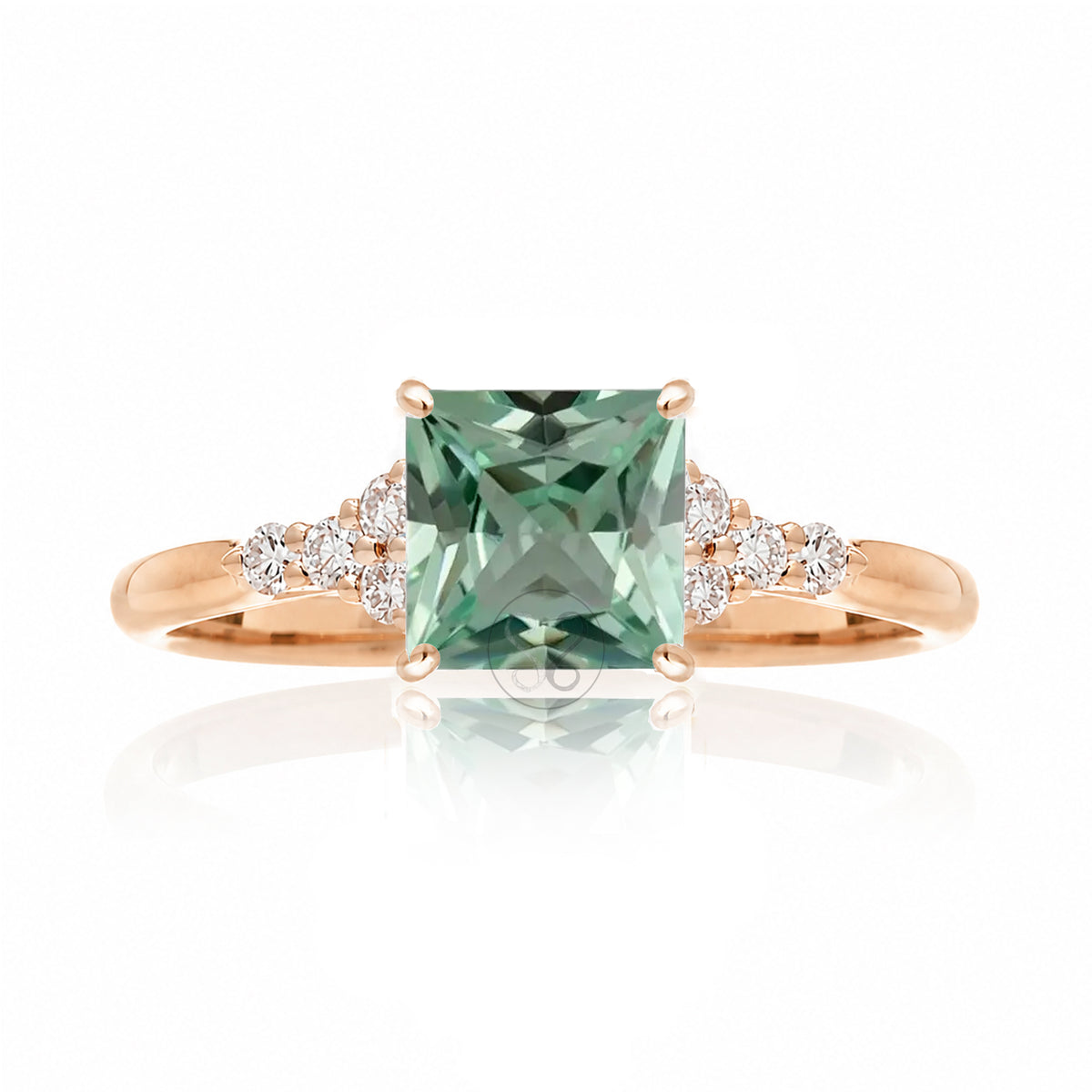 Square princess cut green sapphire and diamond ring in rose gold - the Chloe