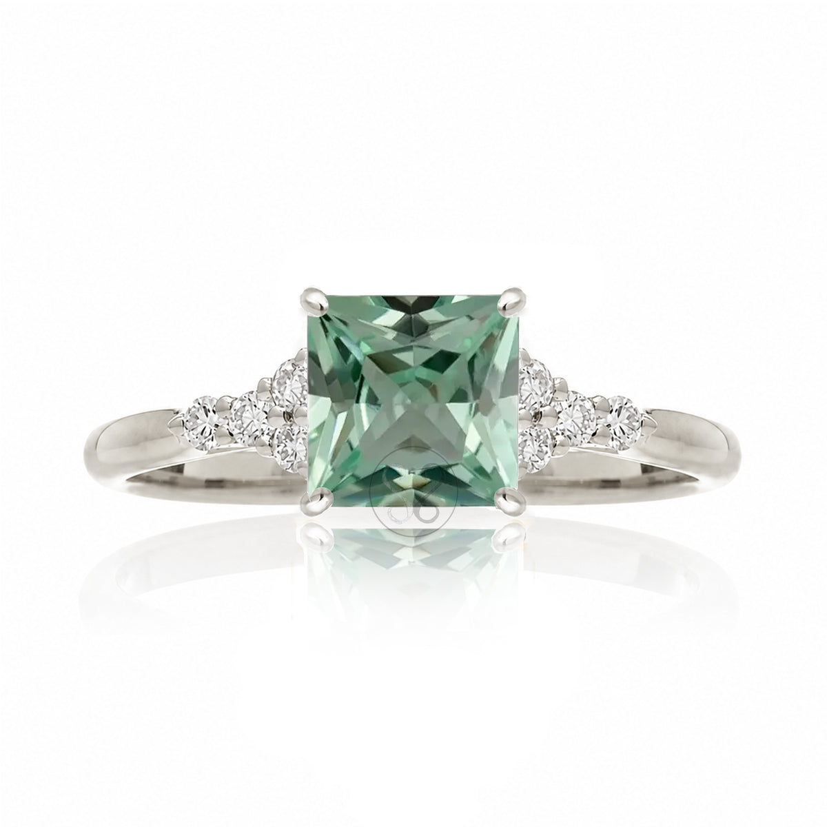 Square princess cut green sapphire and diamond ring in white gold - the Chloe
