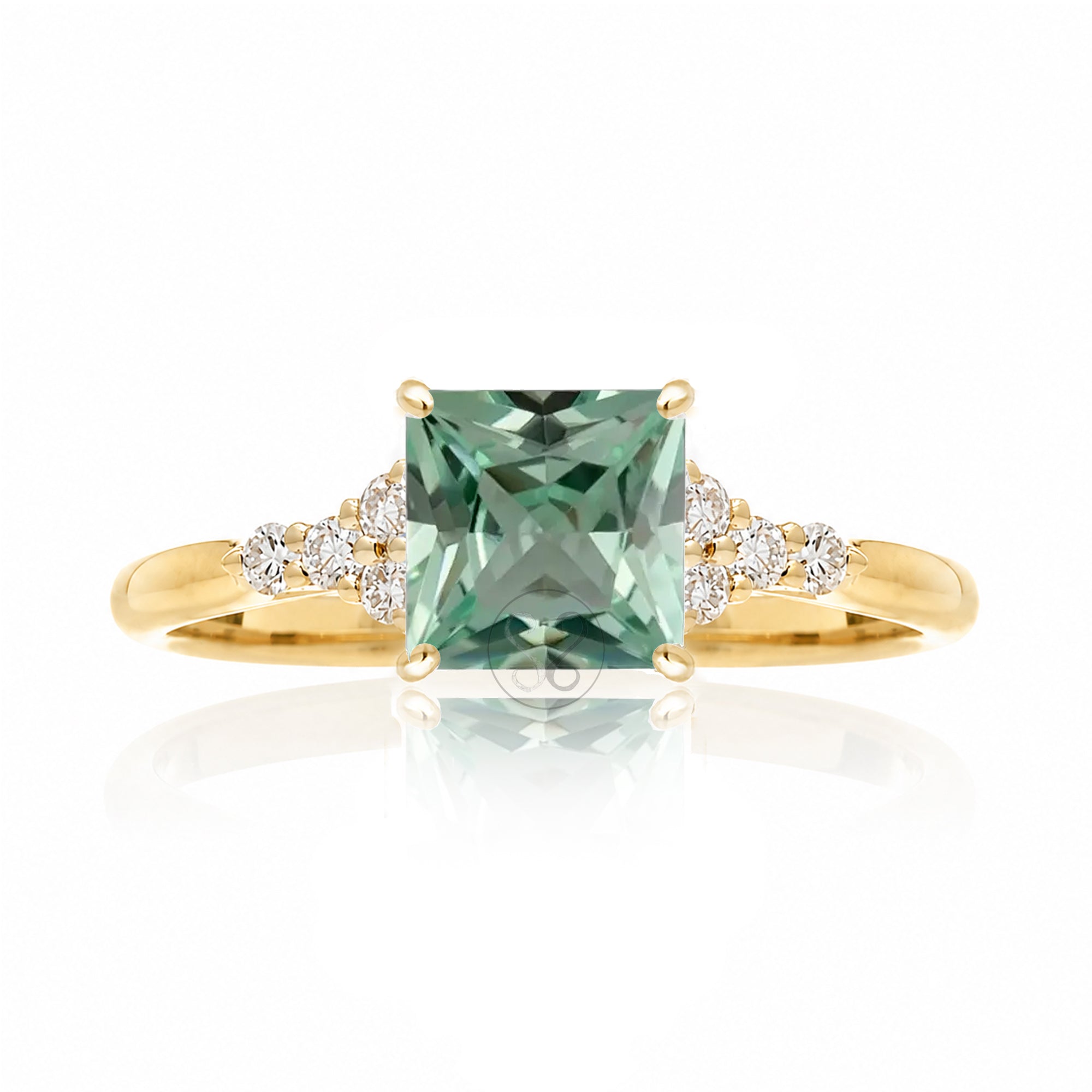 Square princess cut green sapphire and diamond ring in yellow gold - the Chloe
