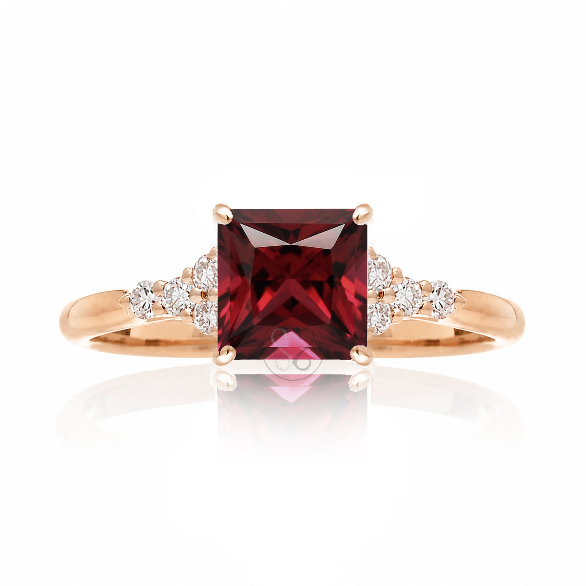 Ruby ring with princess cut and diamond accent in rose gold