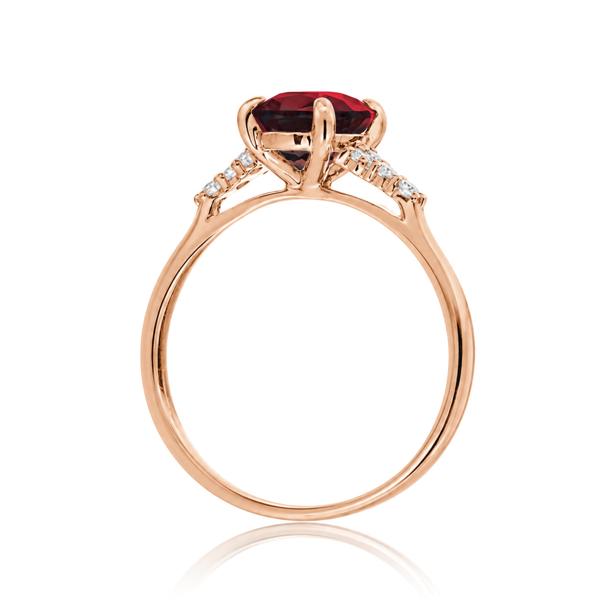 Ruby ring with princess cut and diamond accent in rose gold