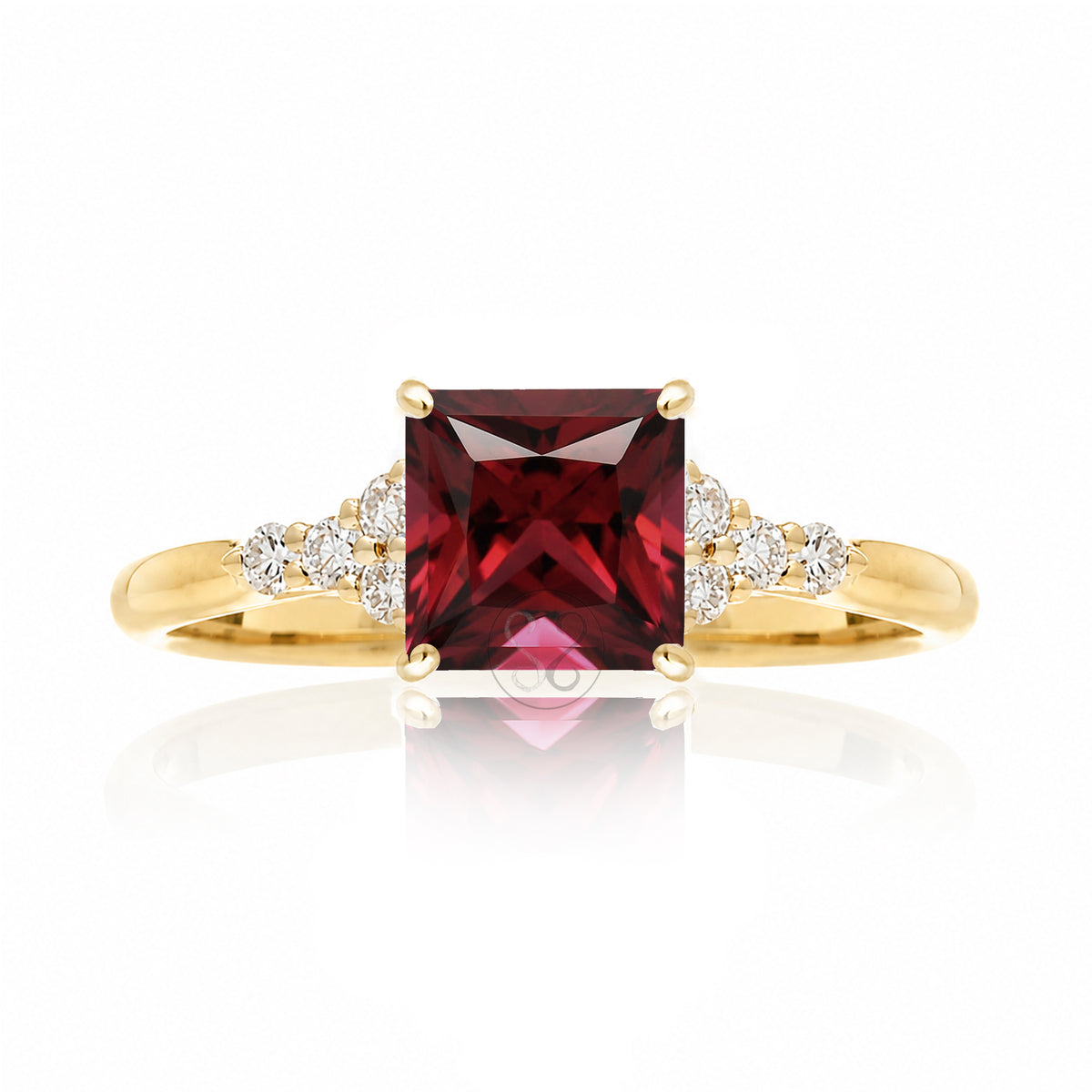 Ruby ring with princess cut and diamond accent in yellow gold