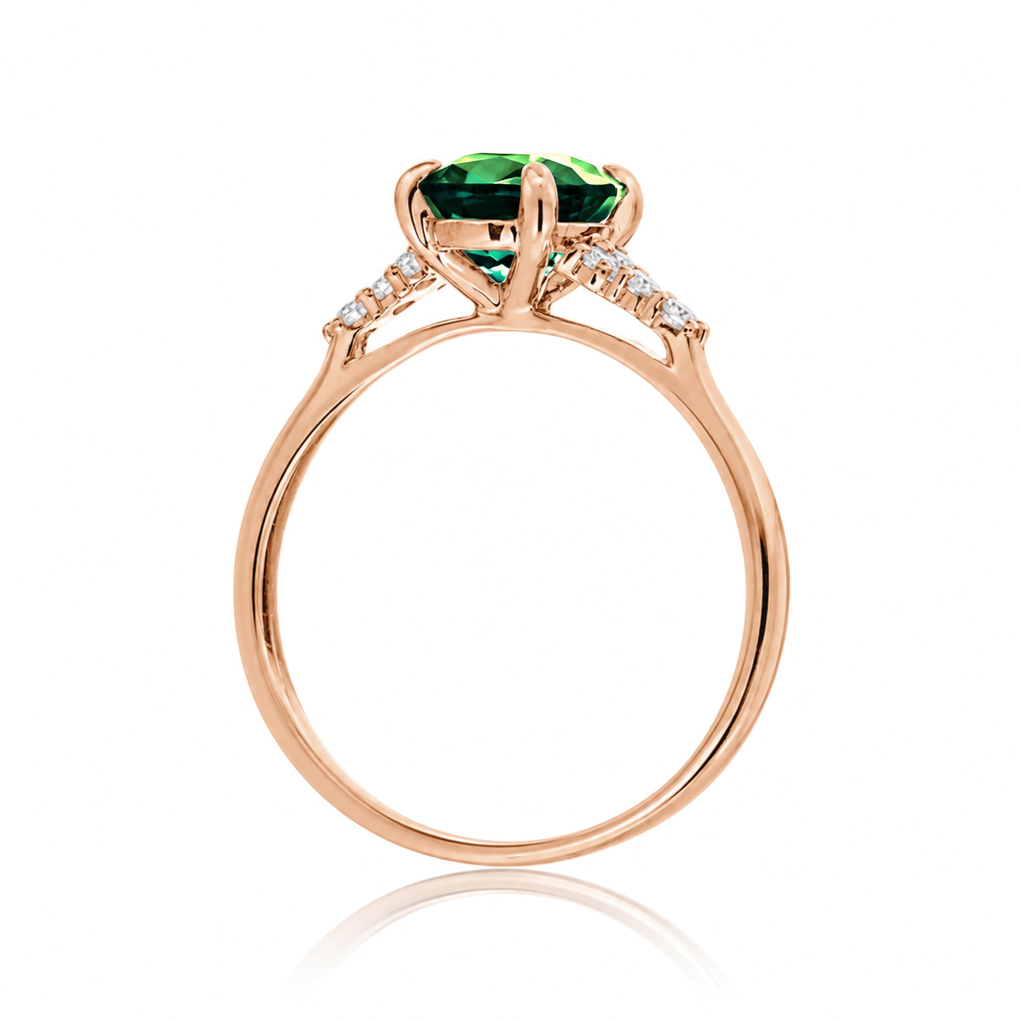 Round cut green emerald and diamond ring in rose gold