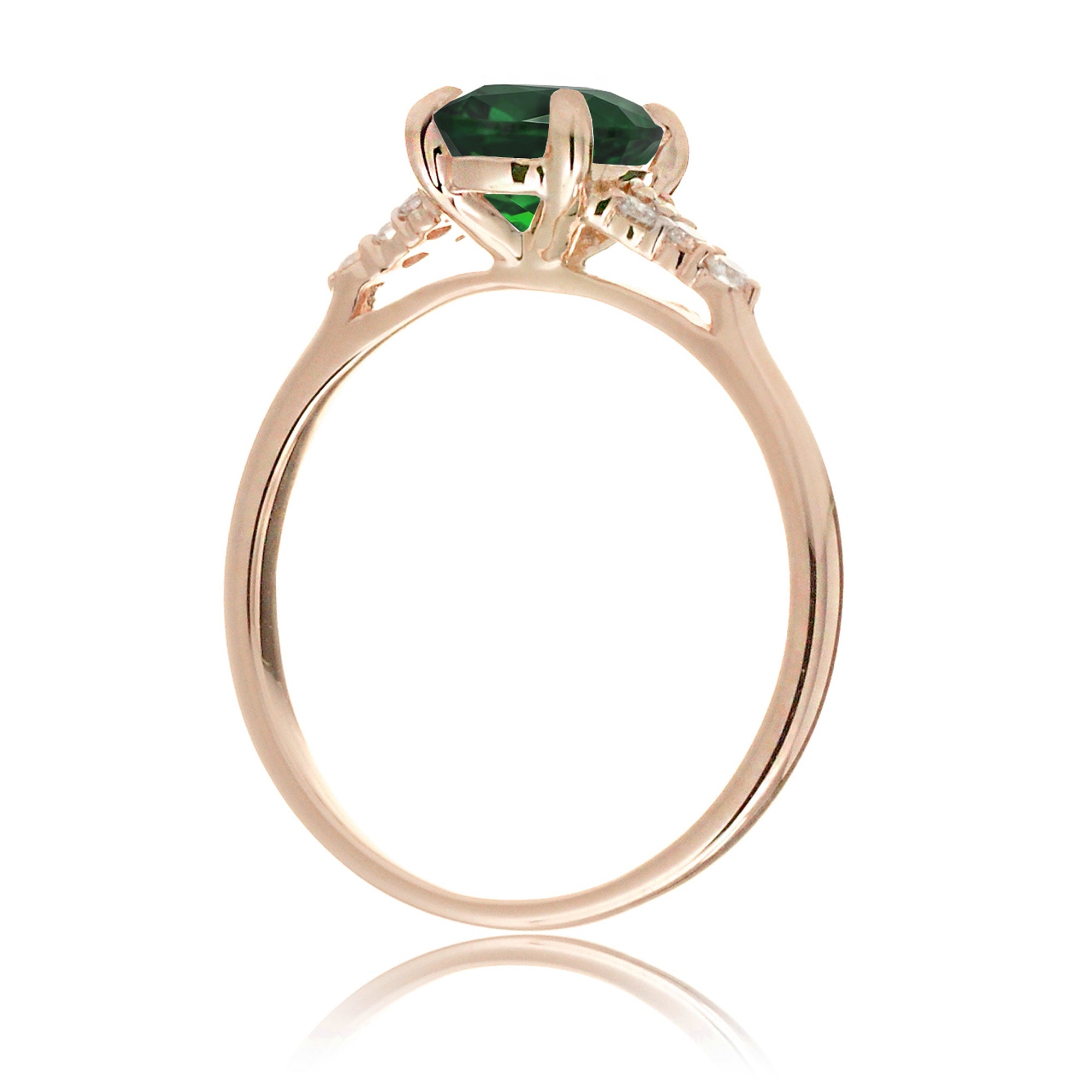 Round cut green emerald and diamond ring in rose gold