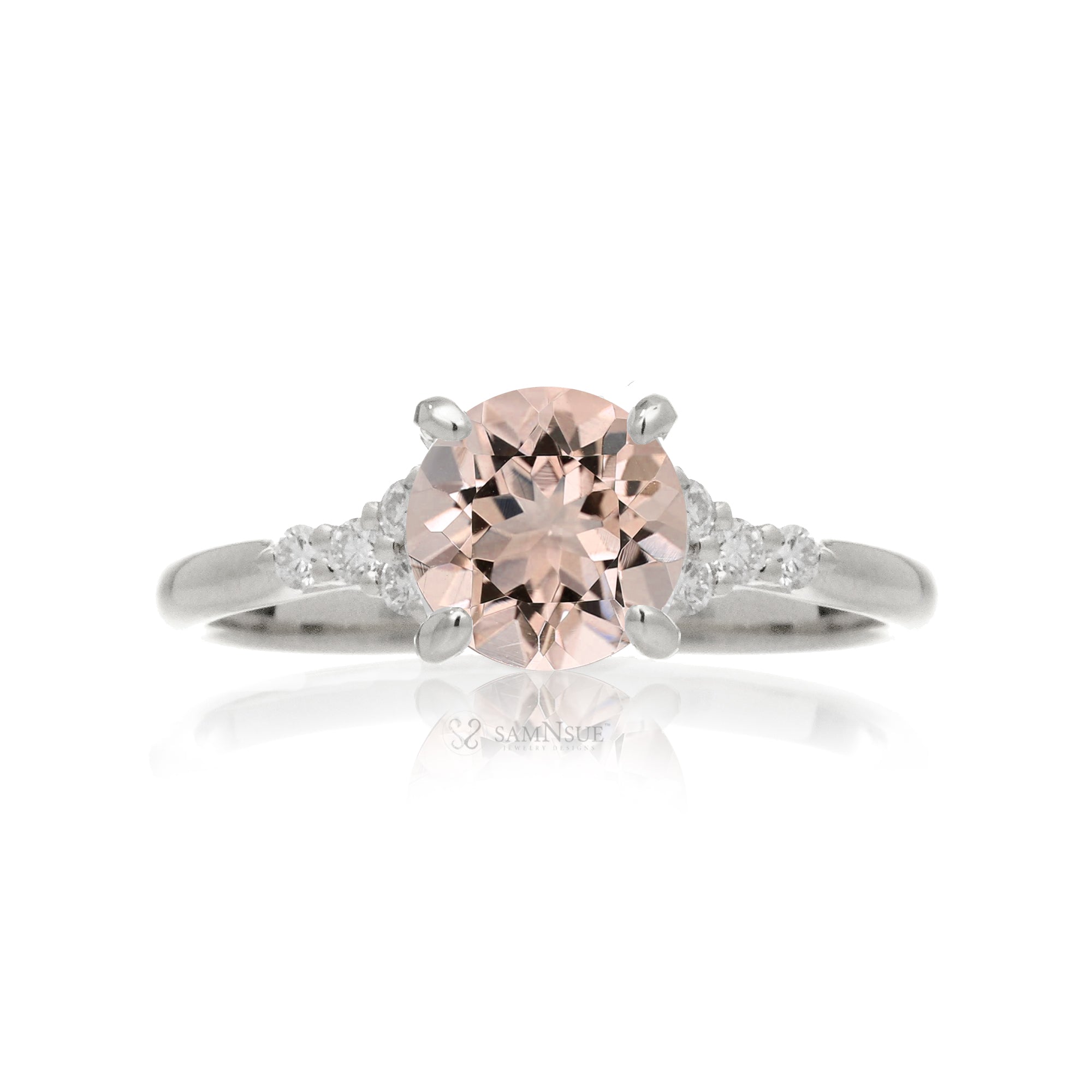 Round morganite ring with diamond accent in white gold