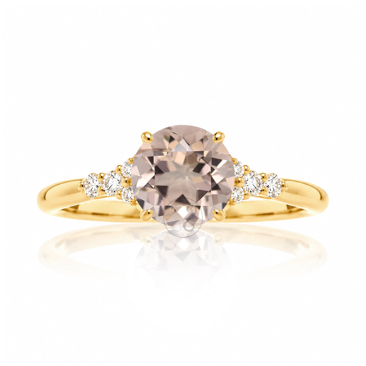 Round morganite ring with diamond accent in yellow gold