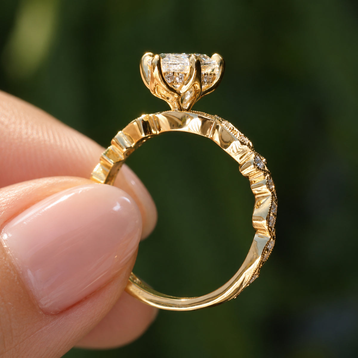 Marquise diamond ring 1.50ct flower prongs and filigree ornate diamond band in yellow gold in stock side profile